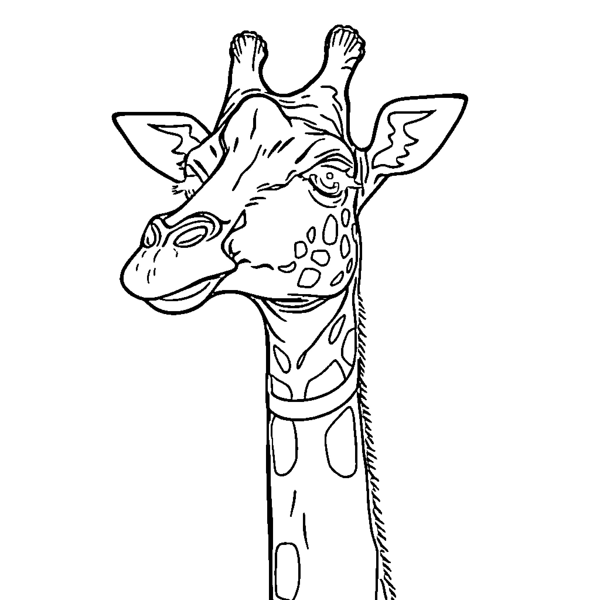 Giraffe with expressive features Coloring Page (free black-and-white line drawing printable PDF for all, from beginners to advanced learners, including children, teens, adults, and seniors)