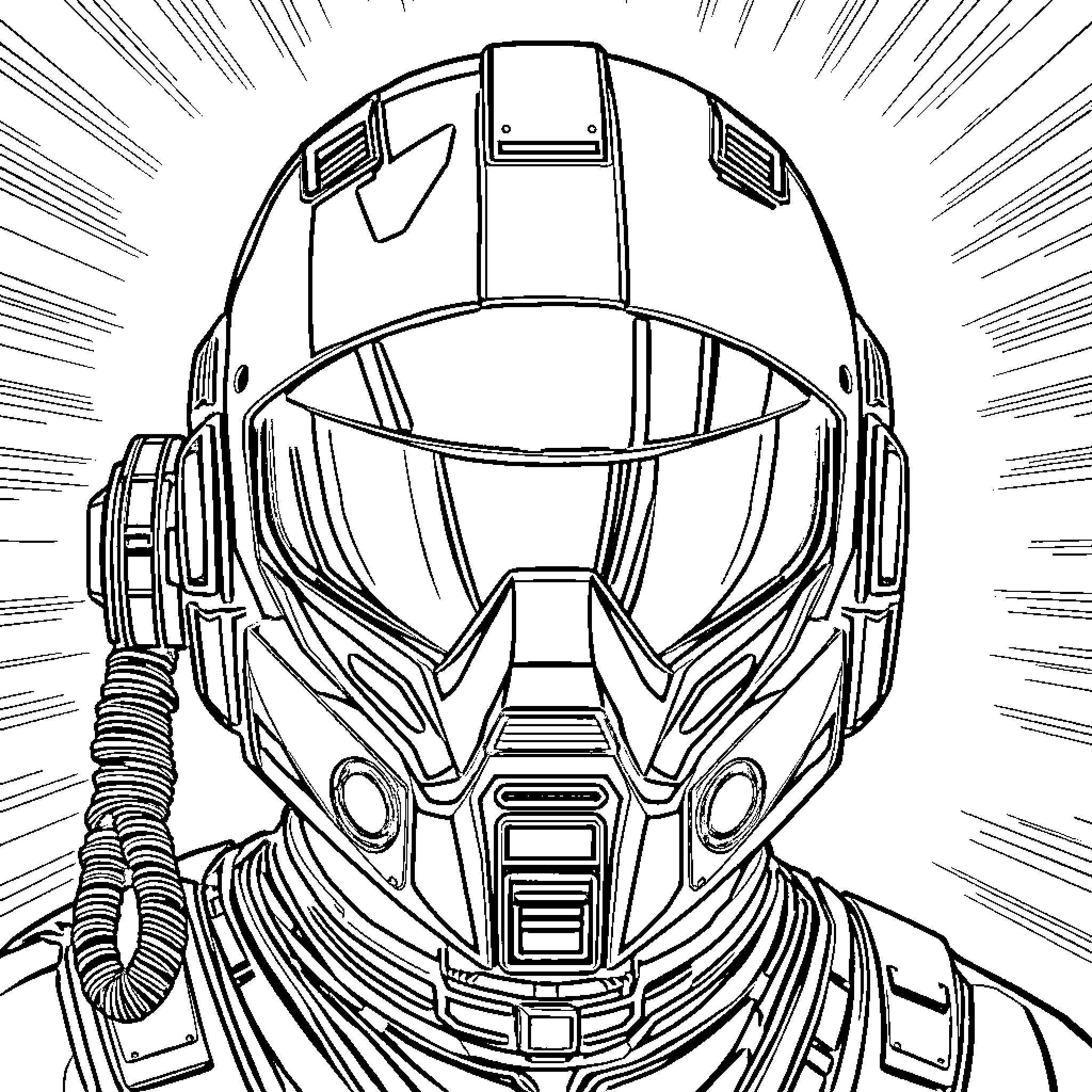 Military Helmet with Futuristic Visor and Detail Coloring Page (free black-and-white line drawing printable PDF for all, from beginners to advanced learners, including children, teens, adults, and seniors)