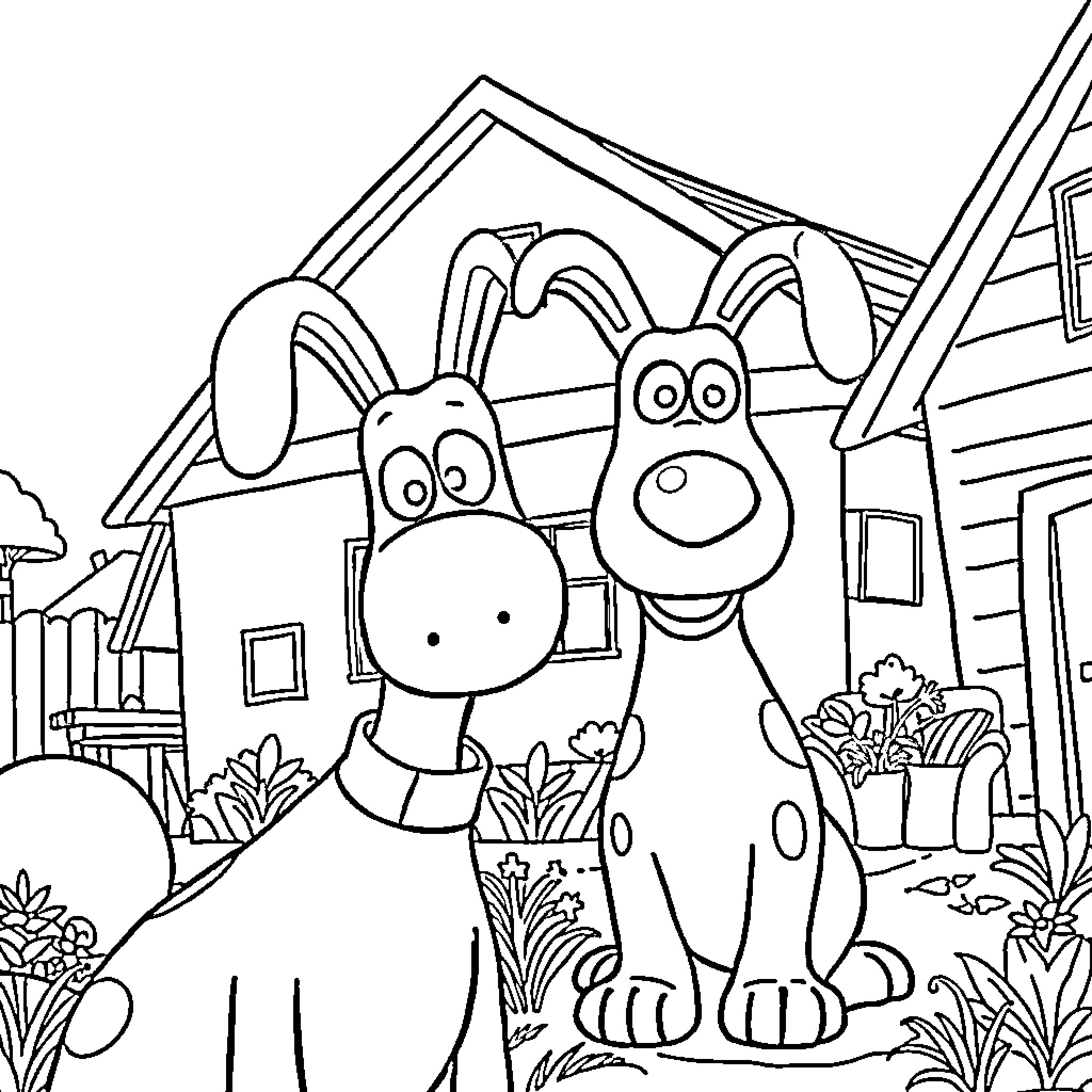 Wallace and Gromit enjoying the outdoors together Coloring Page (free black-and-white line drawing printable PDF for all, from beginners to advanced learners, including children, teens, adults, and seniors)