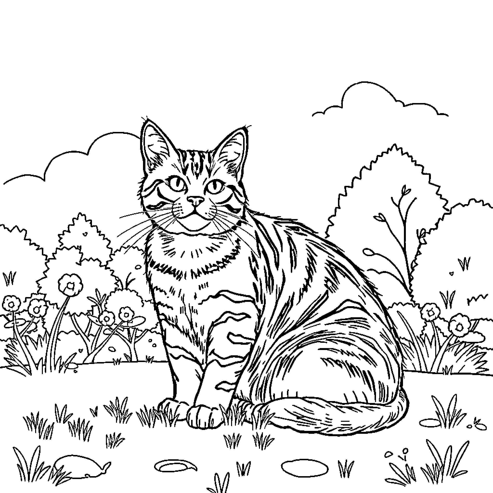 Puppy and Kitten playing together in the meadow Coloring Page (free black-and-white line drawing printable PDF for all, from beginners to advanced learners, including children, teens, adults, and seniors)