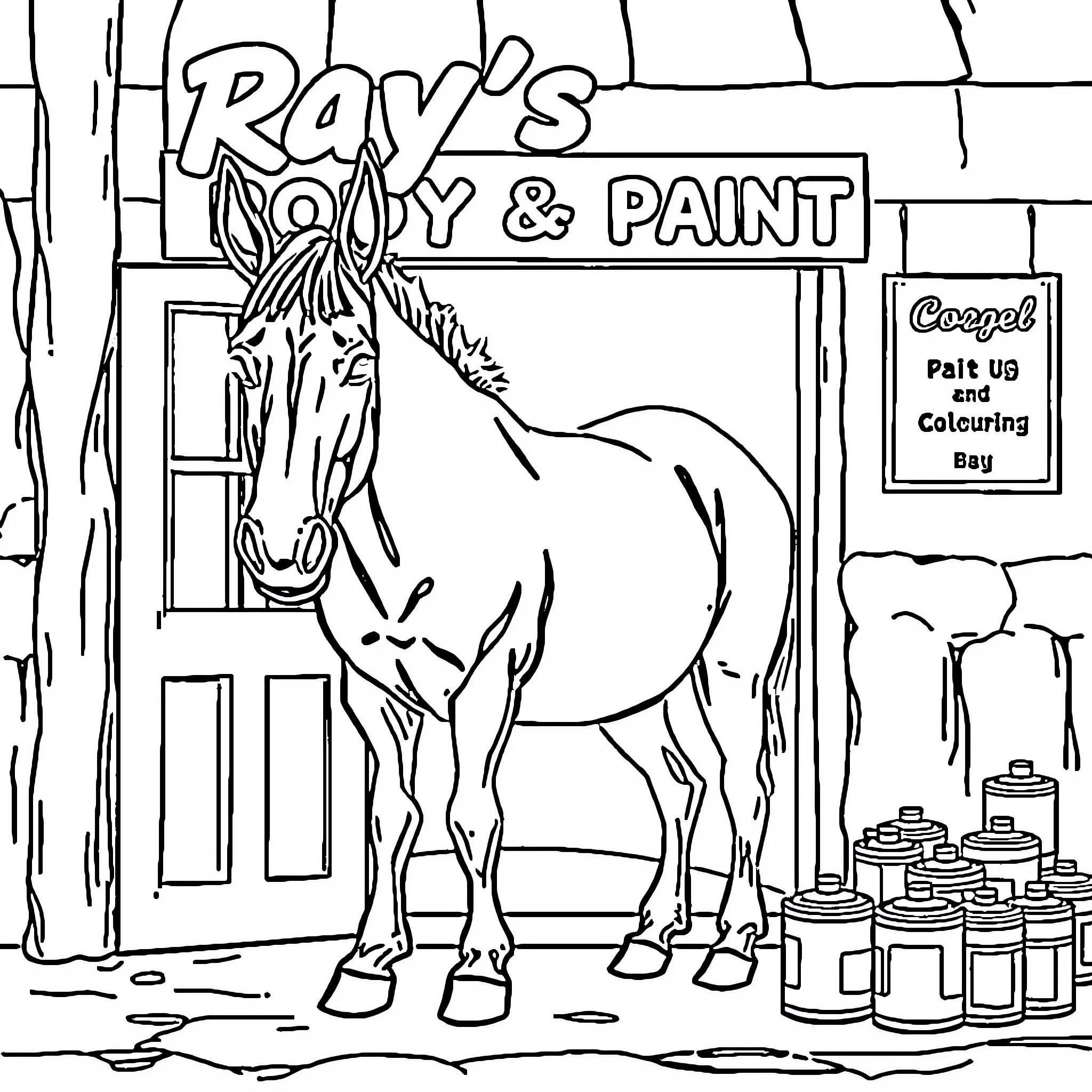 Mule standing outside a paint store Coloring Page (free black-and-white line drawing printable PDF for all, from beginners to advanced learners, including children, teens, adults, and seniors)