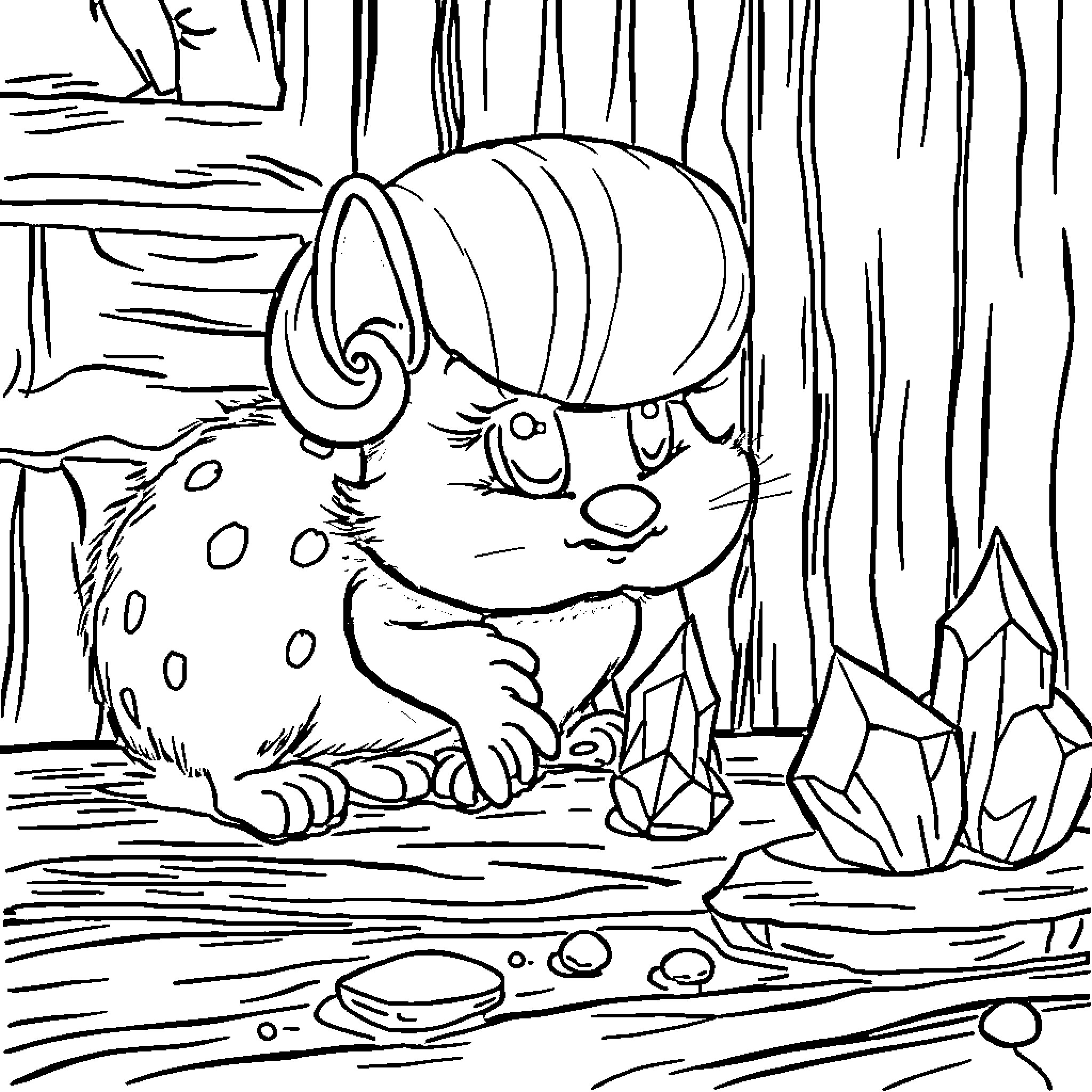 Wenda the Curious Creature in the Forest Coloring Page (free black-and-white line drawing printable PDF for all, from beginners to advanced learners, including children, teens, adults, and seniors)