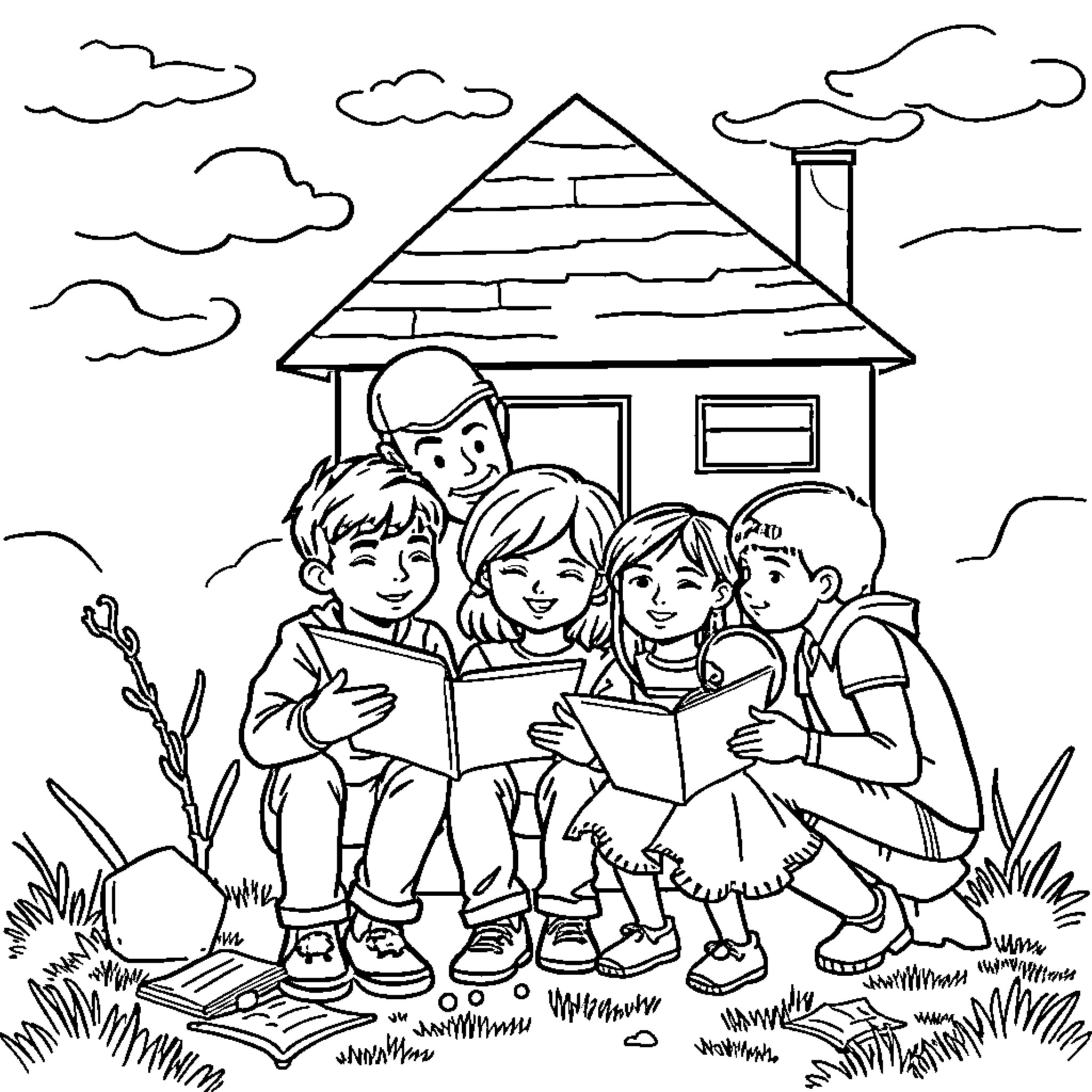 Family reading books together outside their home Coloring Page (free black-and-white line drawing printable PDF for all, from beginners to advanced learners, including children, teens, adults, and seniors)