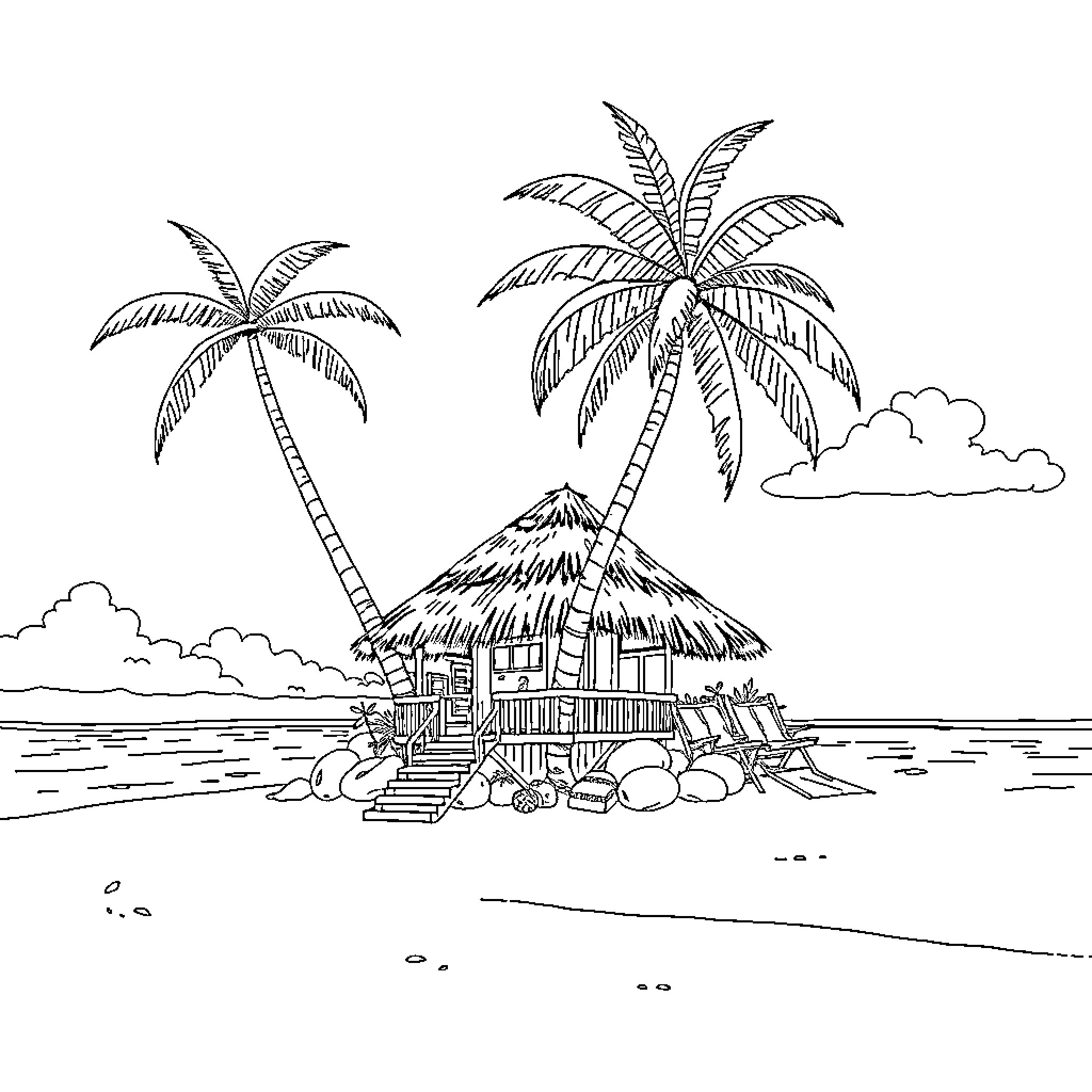 Island Retreat with Hut and Palm Trees Coloring Page (free black-and-white line drawing printable PDF for all, from beginners to advanced learners, including children, teens, adults, and seniors)