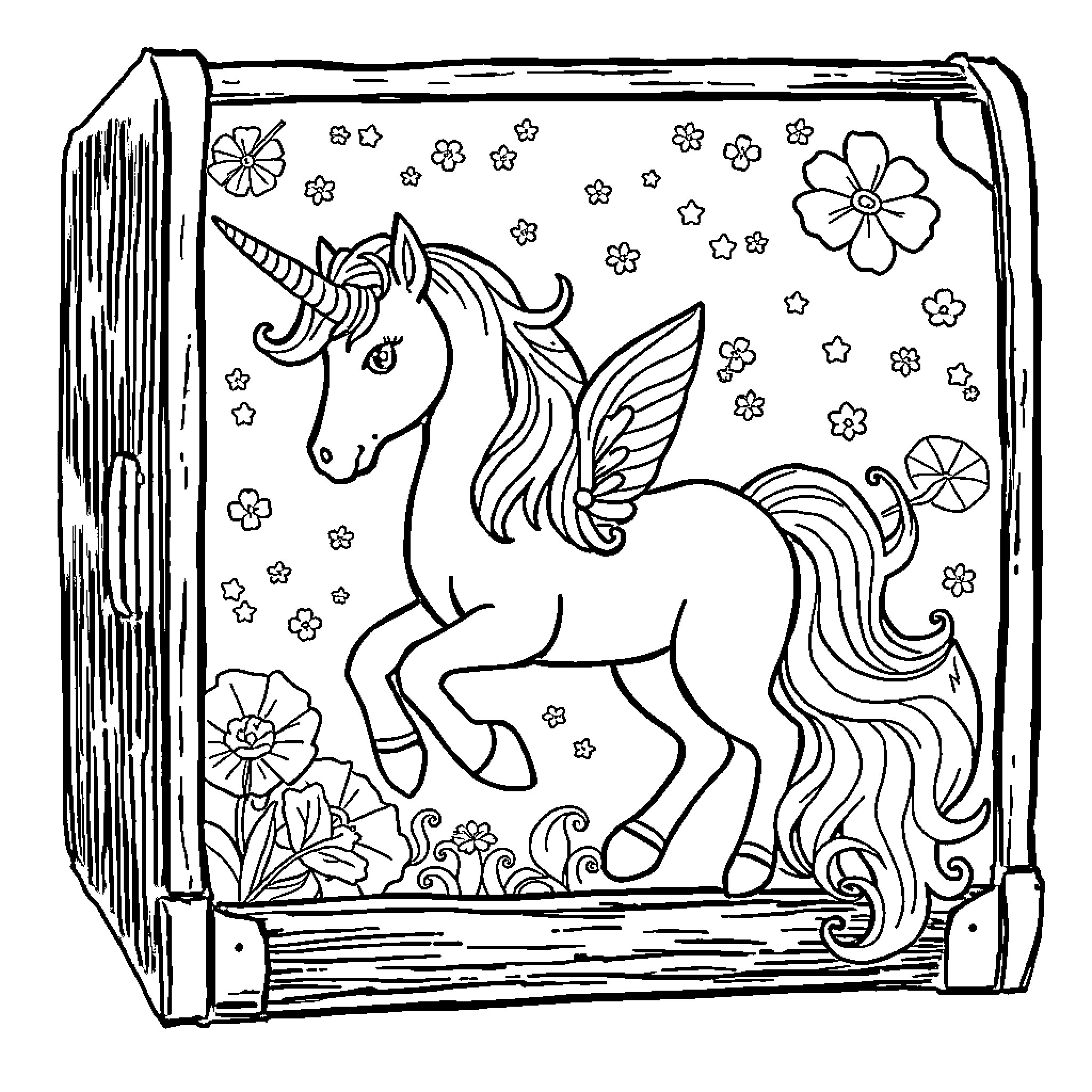 Unicorn Enchanted Illustration with Flowers Coloring Page (free black-and-white line drawing printable PDF for all, from beginners to advanced learners, including children, teens, adults, and seniors)