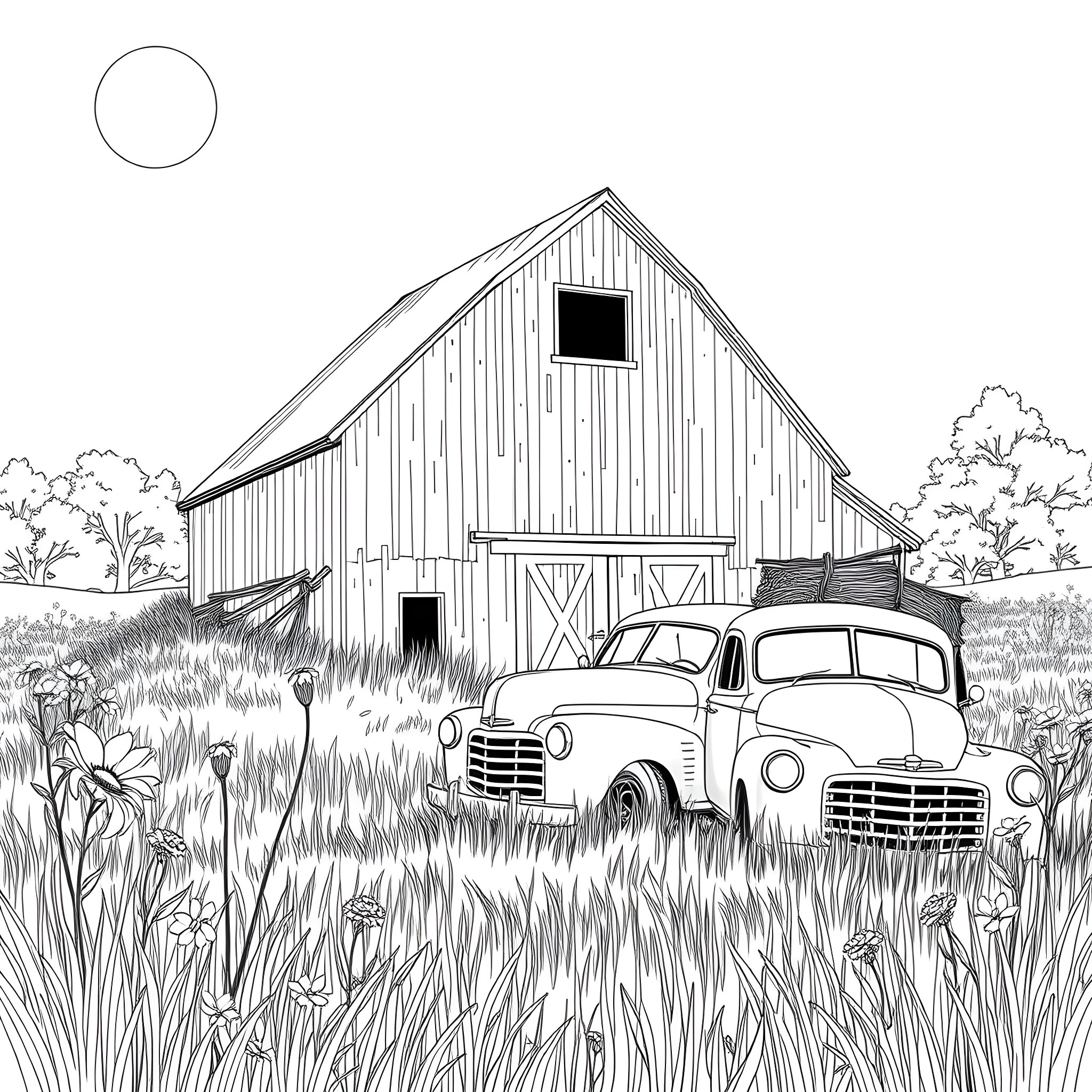 Barn Find Vintage Vehicle in a Countryside Field Coloring Page (free black-and-white line drawing printable PDF for all, from beginners to advanced learners, including children, teens, adults, and seniors)