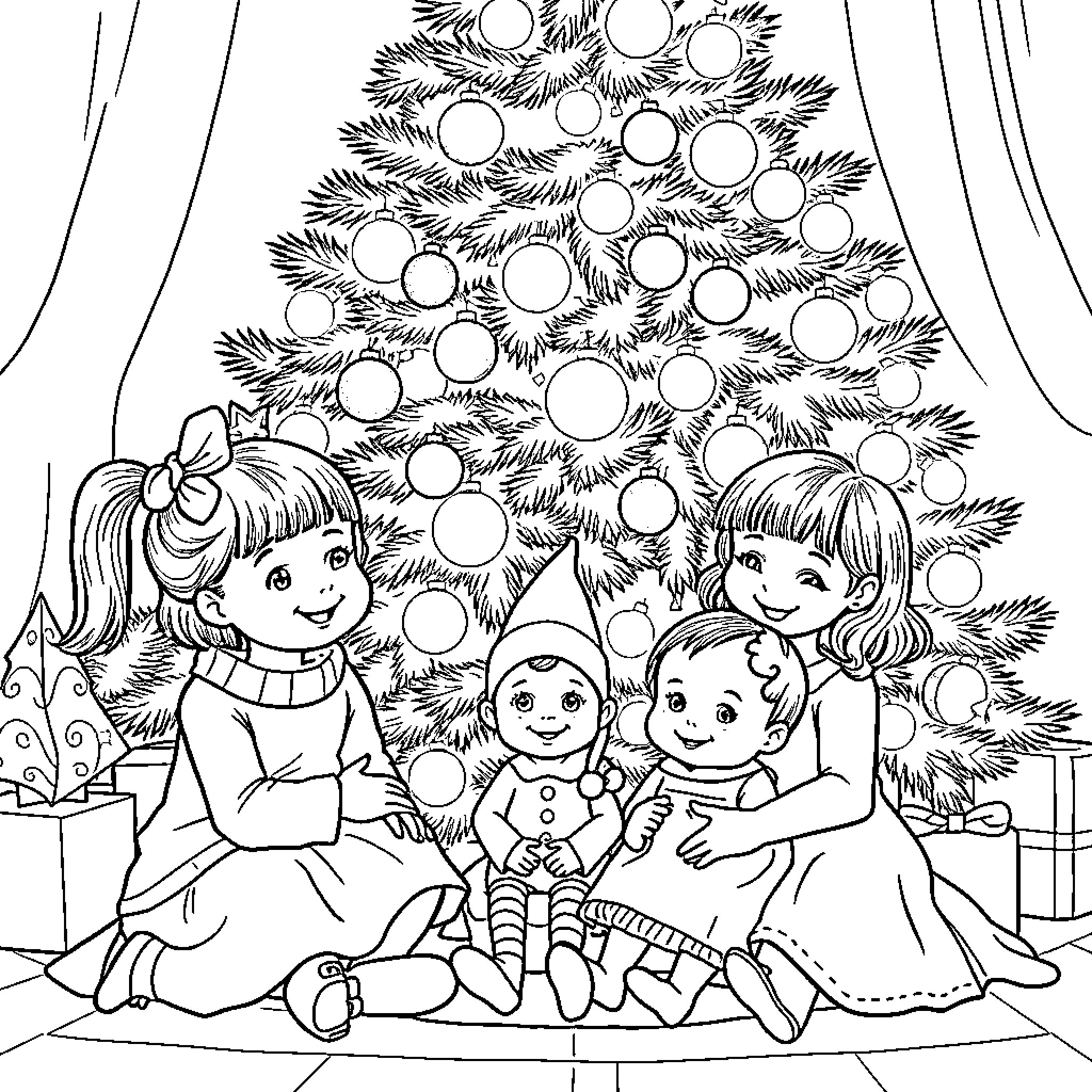 Girls enjoying Christmas tree with ornaments Coloring Page (free black-and-white line drawing printable PDF for all, from beginners to advanced learners, including children, teens, adults, and seniors)