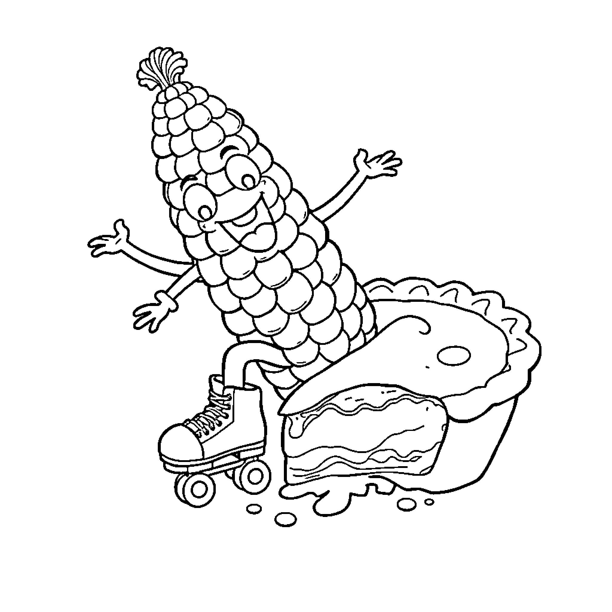 Corn character roller skating on a hamburger Coloring Page (free black-and-white line drawing printable PDF for all, from beginners to advanced learners, including children, teens, adults, and seniors)