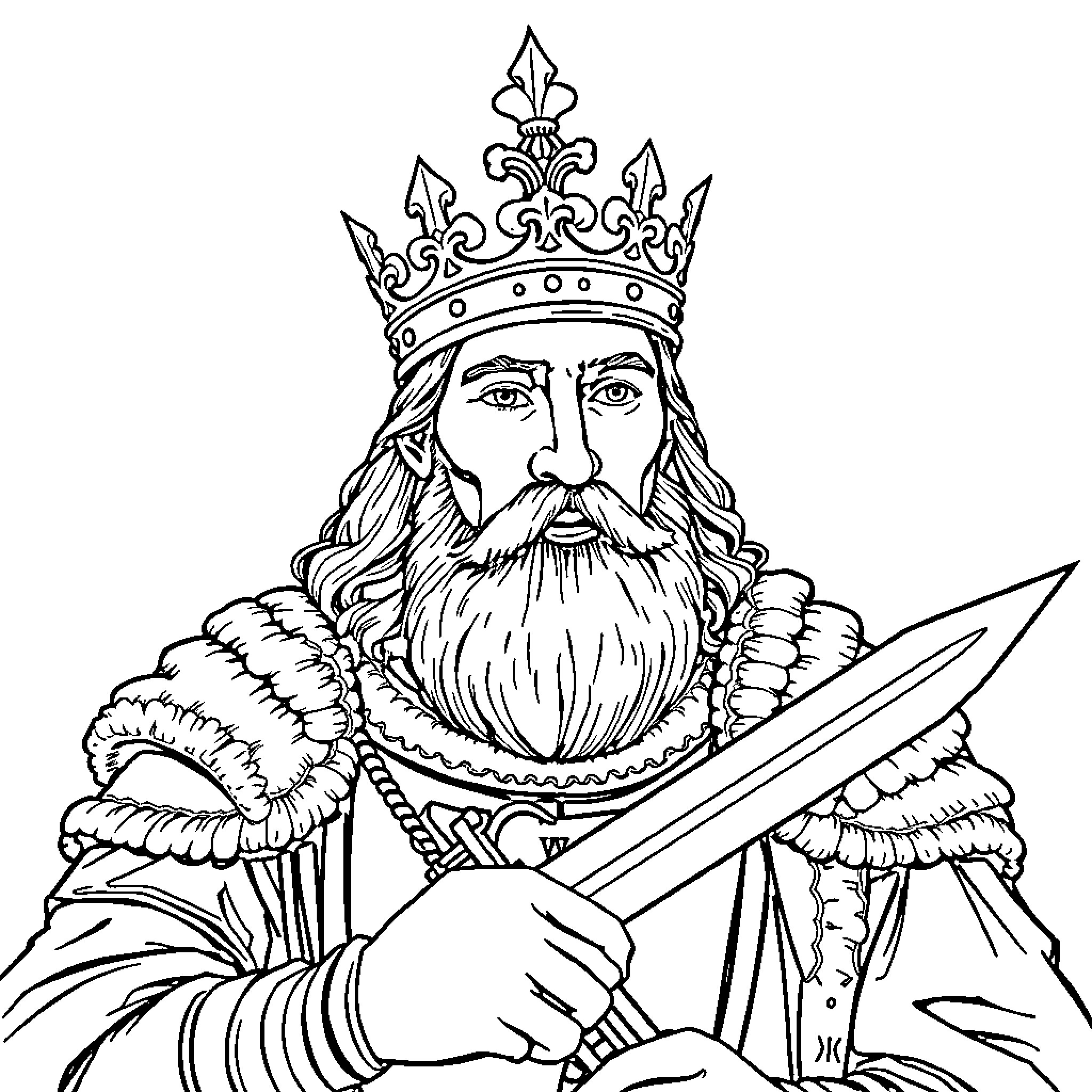 Charlemagne the Crowned King Wielding a Sword Coloring Page (free black-and-white line drawing printable PDF for all, from beginners to advanced learners, including children, teens, adults, and seniors)