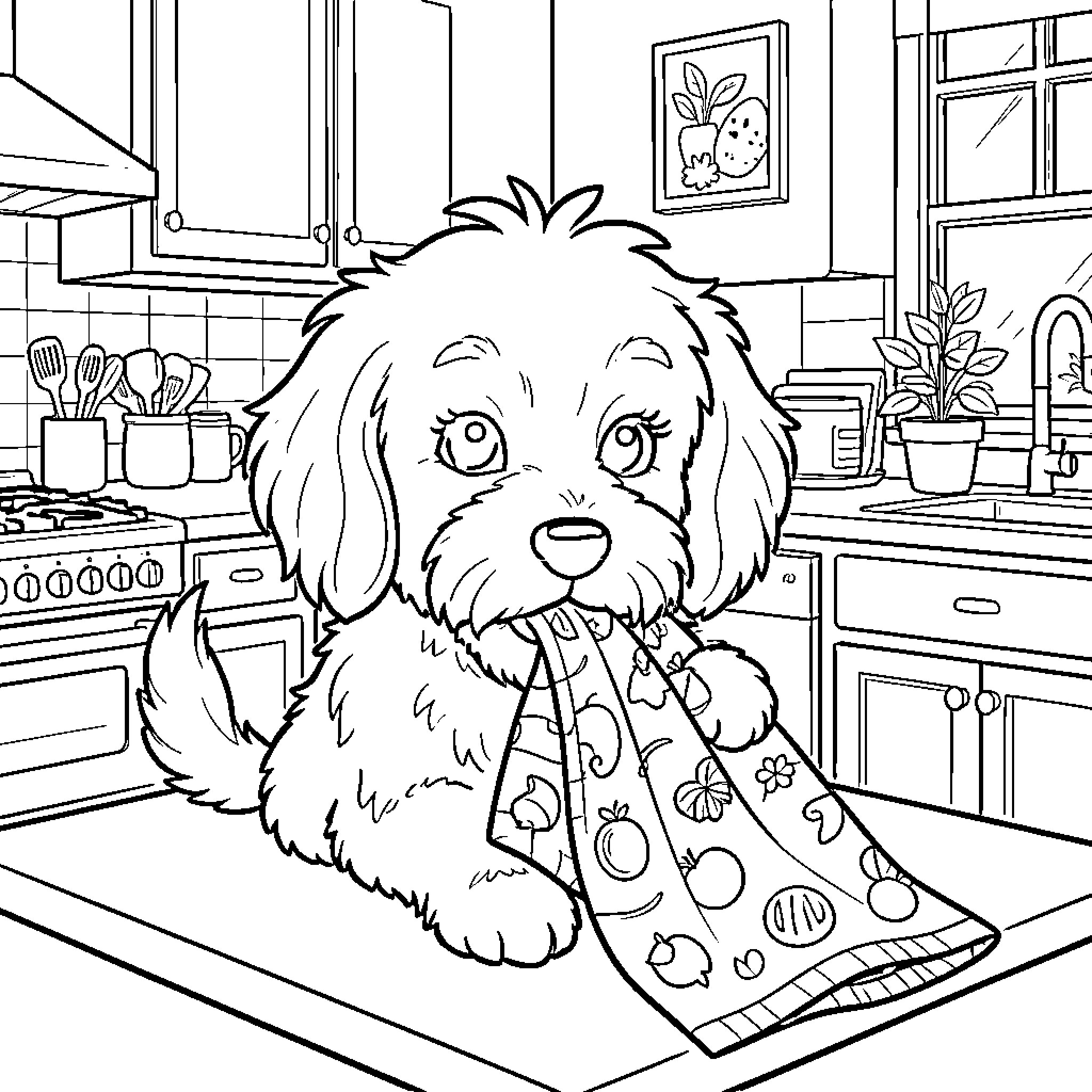 Cavapoo enjoying a cozy day at home Coloring Page (free black-and-white line drawing printable PDF for all, from beginners to advanced learners, including children, teens, adults, and seniors)
