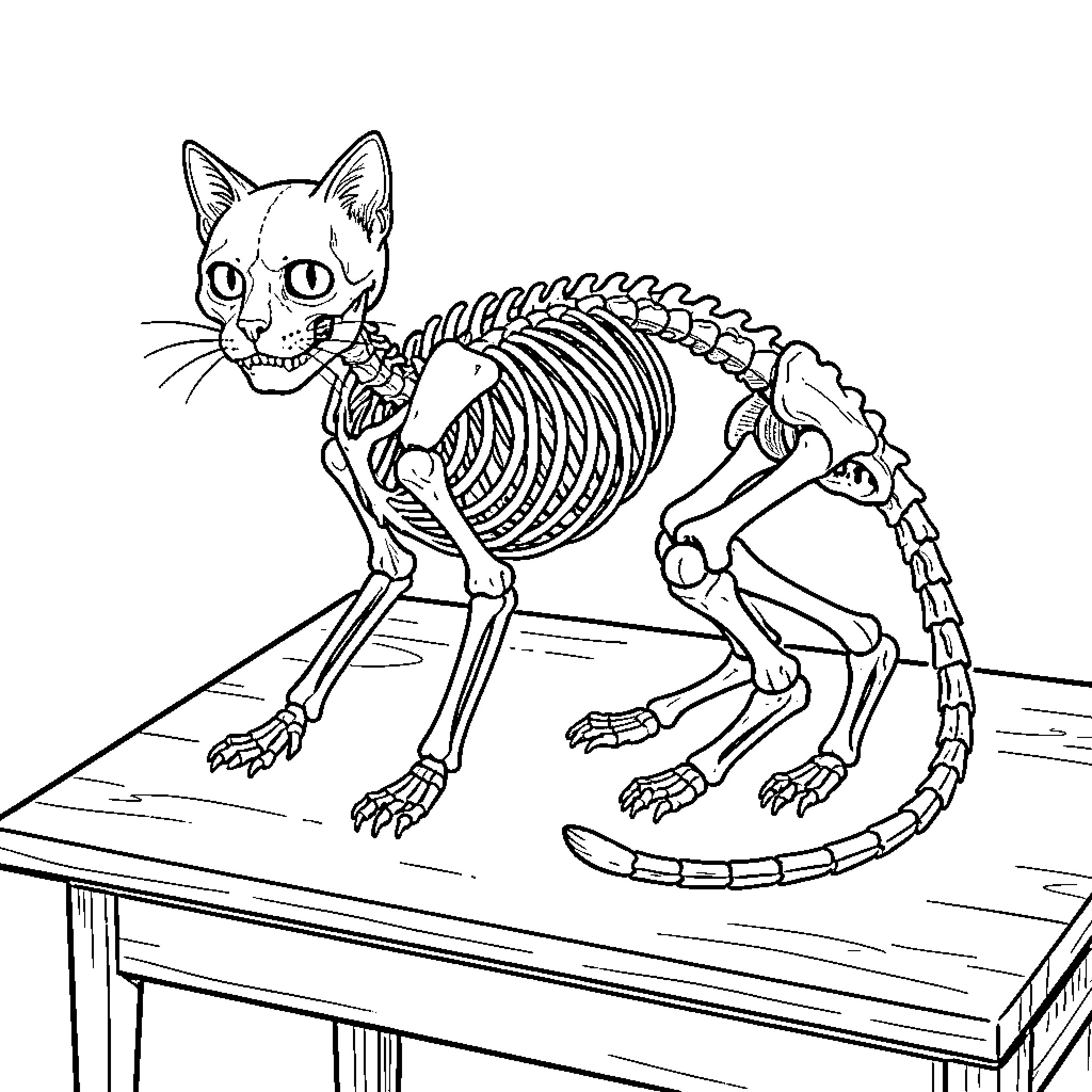 Cat Skeleton Examining Its Boney Structure Coloring Page (free black-and-white line drawing printable PDF for all, from beginners to advanced learners, including children, teens, adults, and seniors)