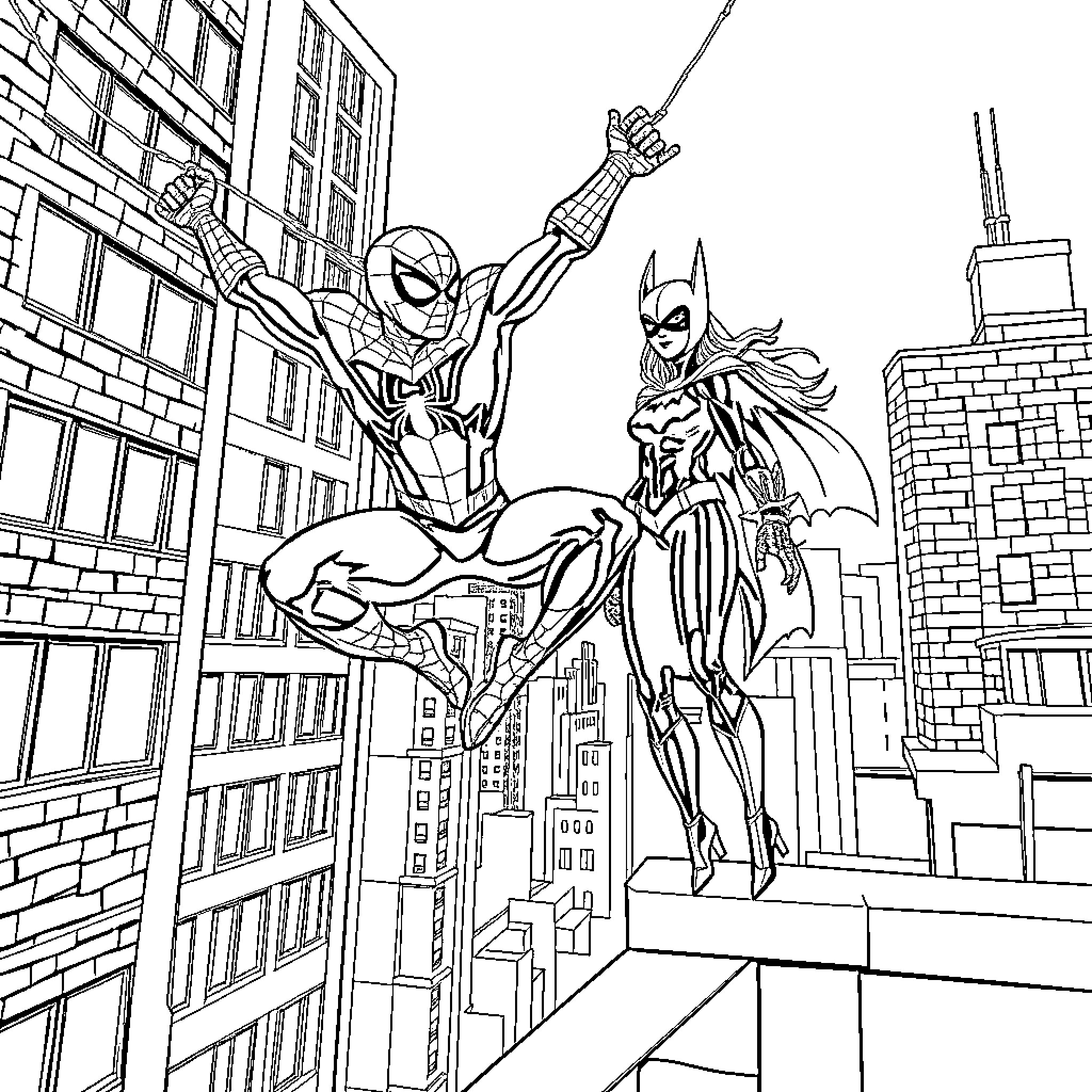 Spiderman and Batgirl posing atop a tall city building Coloring Page (free black-and-white line drawing printable PDF for all, from beginners to advanced learners, including children, teens, adults, and seniors)