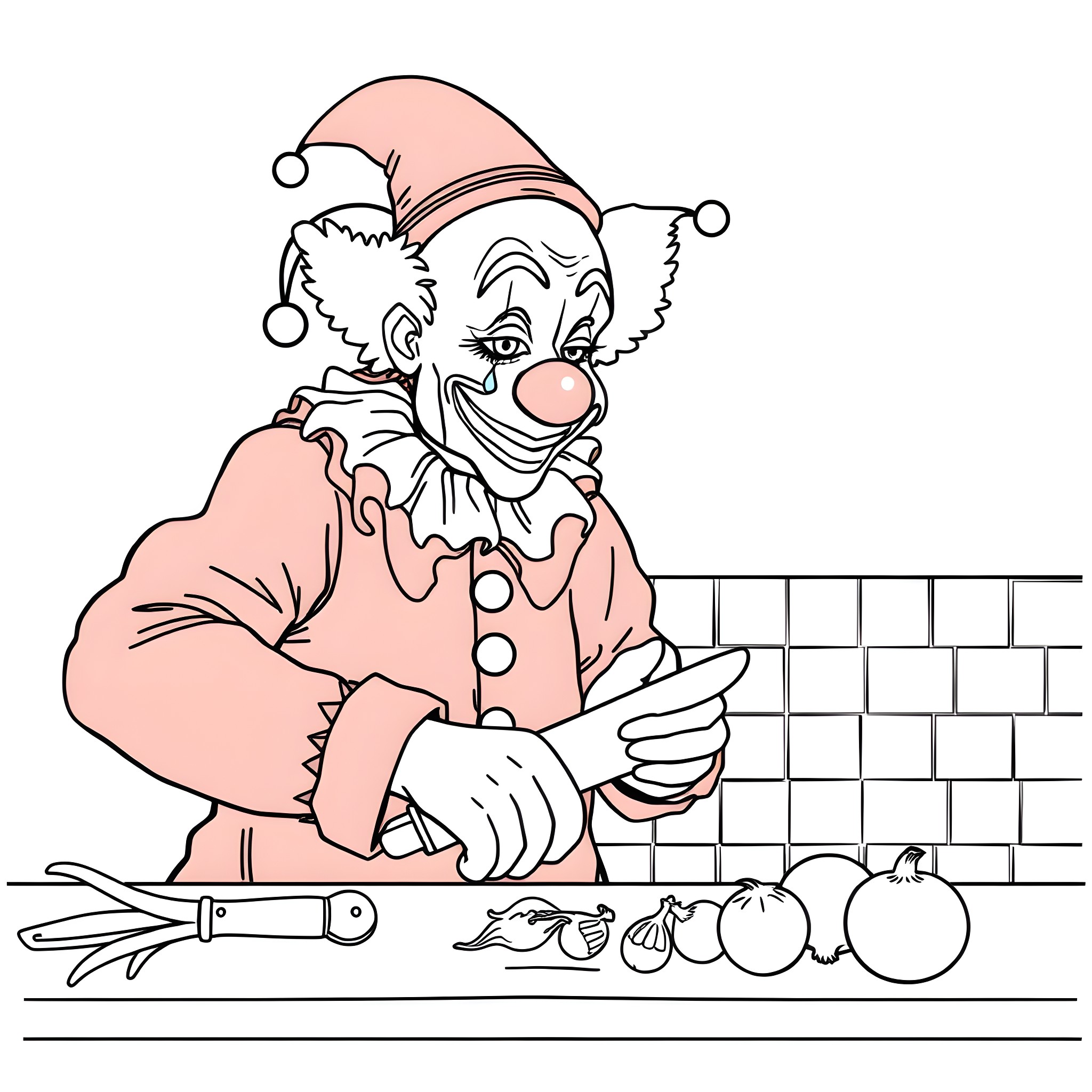 Clown preparing delicious meal in the kitchen Coloring Page (free black-and-white line drawing printable PDF for all, from beginners to advanced learners, including children, teens, adults, and seniors)