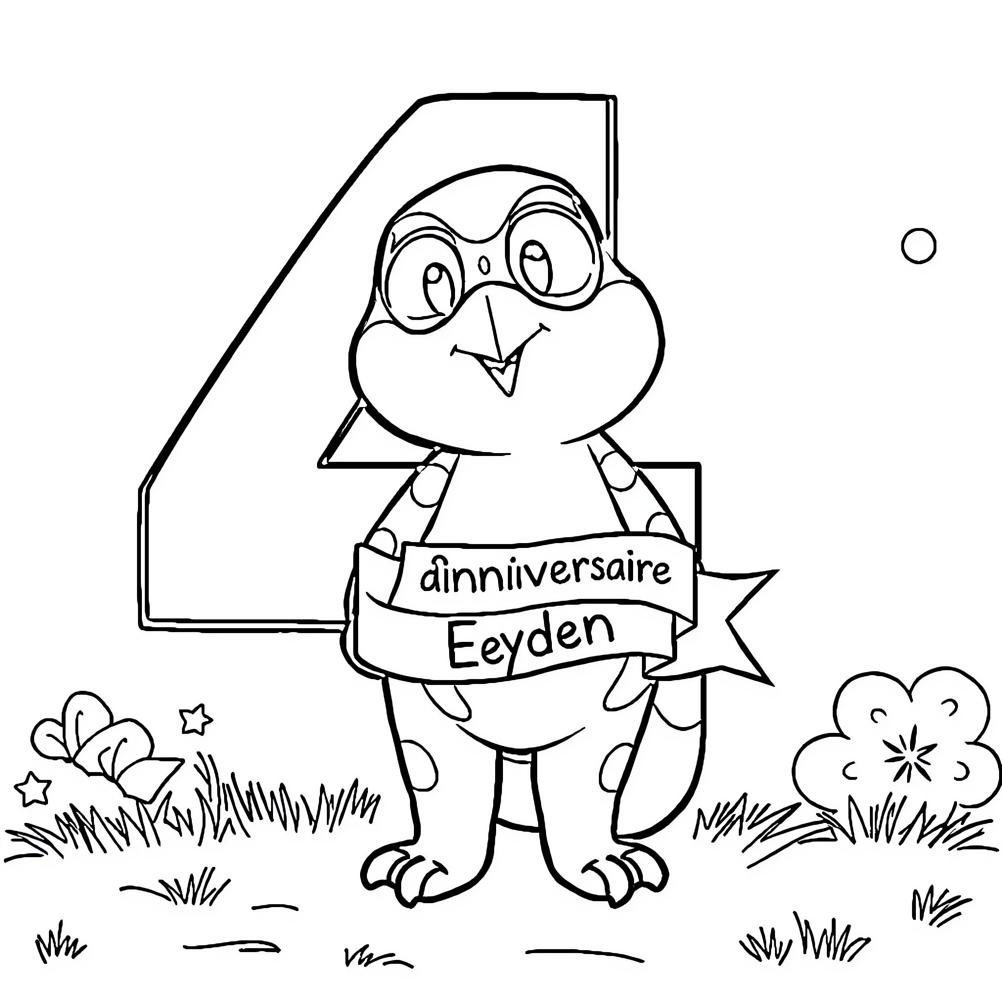 Patrouille of a Cheerful Birthday Chick Coloring Page (free black-and-white line drawing printable PDF for all, from beginners to advanced learners, including children, teens, adults, and seniors)