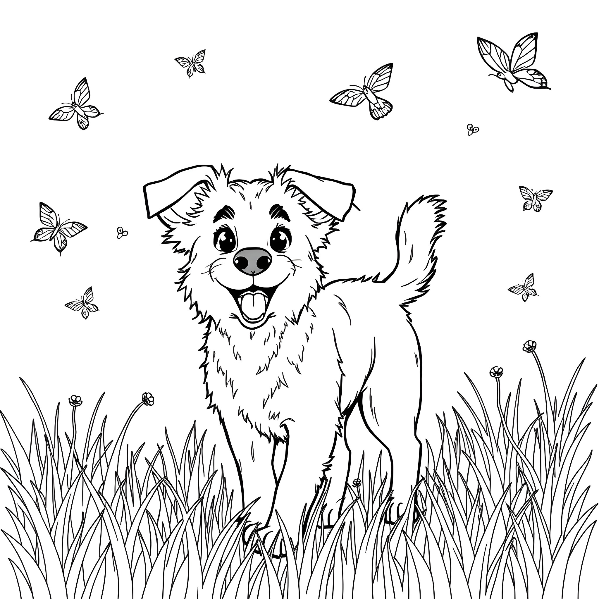 Dog playing happily with butterflies in the meadow Coloring Page (free black-and-white line drawing printable PDF for all, from beginners to advanced learners, including children, teens, adults, and seniors)