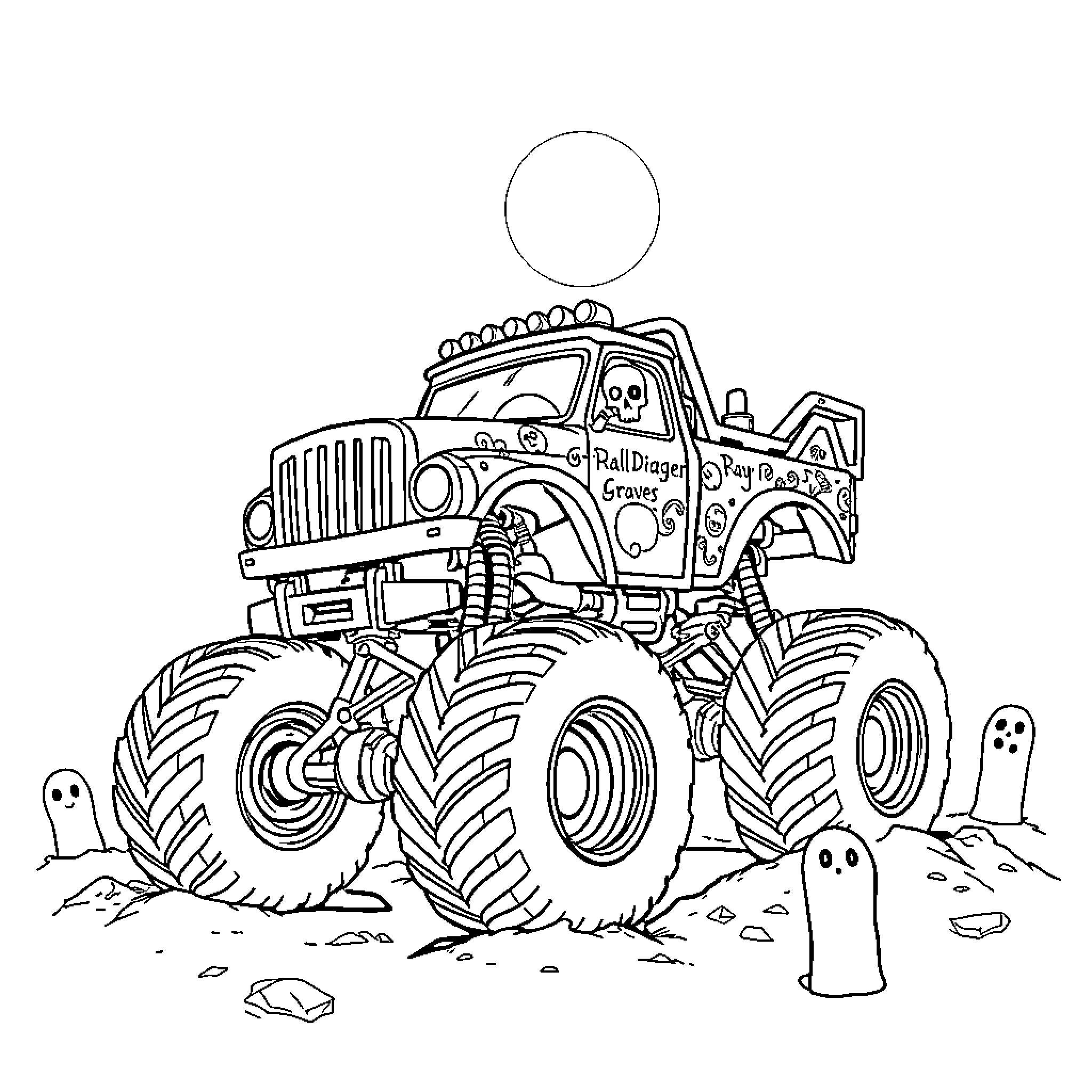 Monster Truck Crushing Spooky Ghosts Coloring Page (free black-and-white line drawing printable PDF for all, from beginners to advanced learners, including children, teens, adults, and seniors)