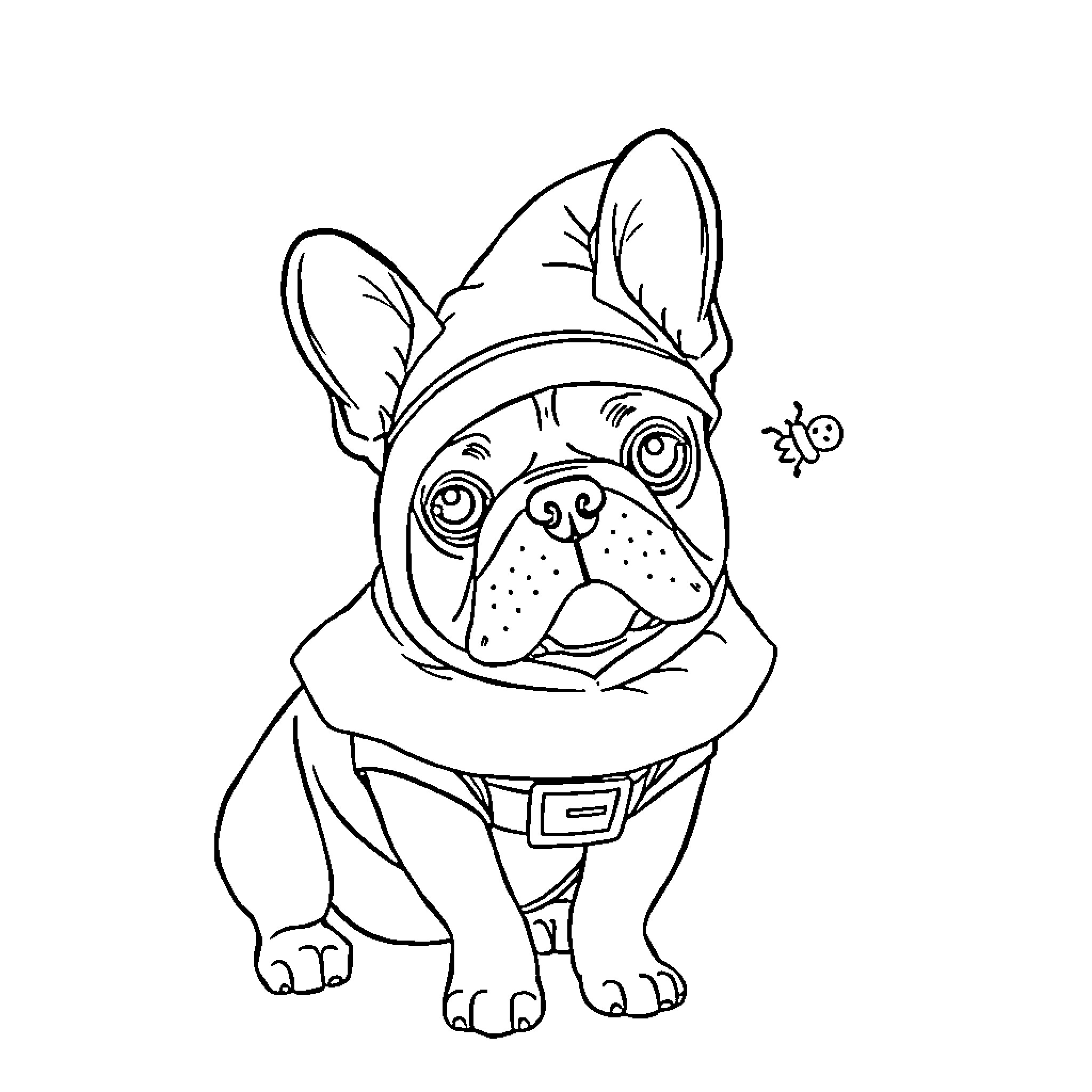 French Bulldog wearing a cozy hat and scarf Coloring Page (free black-and-white line drawing printable PDF for all, from beginners to advanced learners, including children, teens, adults, and seniors)