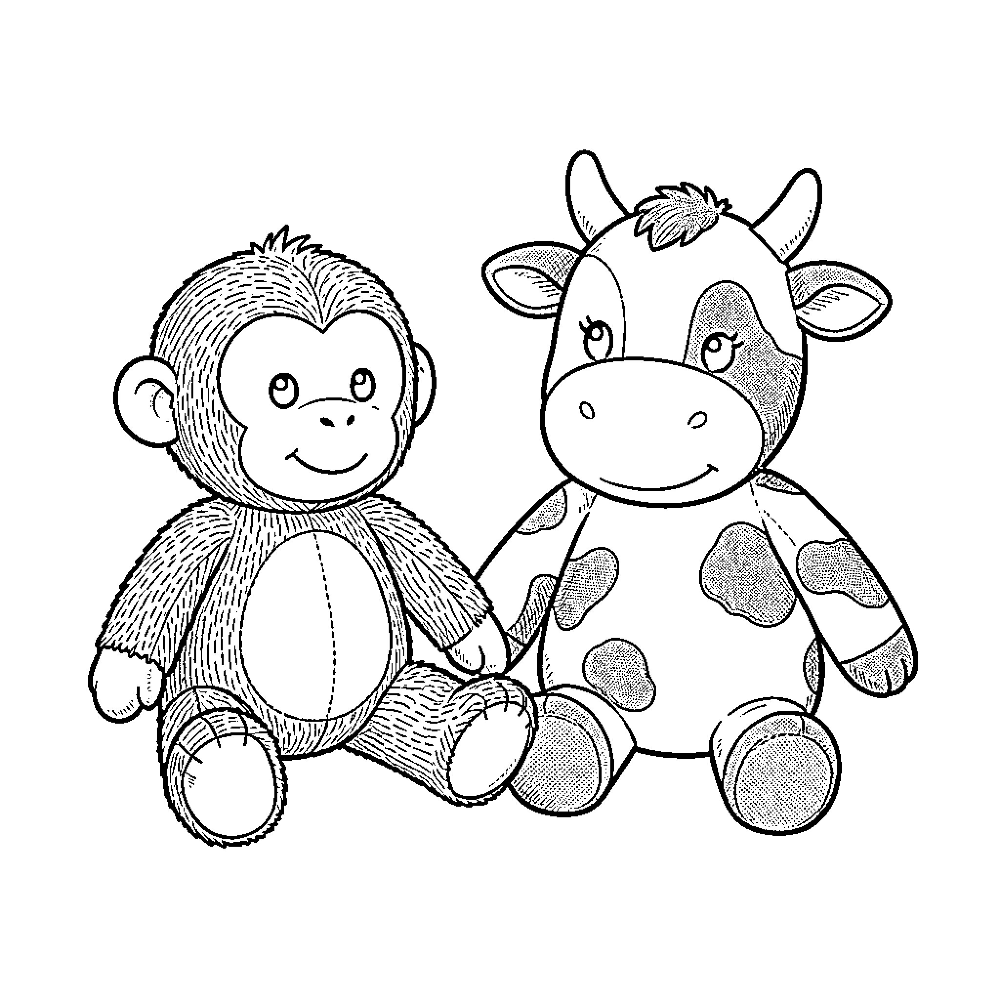Doudou sitting beside a friendly cow plush toy Coloring Page (free black-and-white line drawing printable PDF for all, from beginners to advanced learners, including children, teens, adults, and seniors)