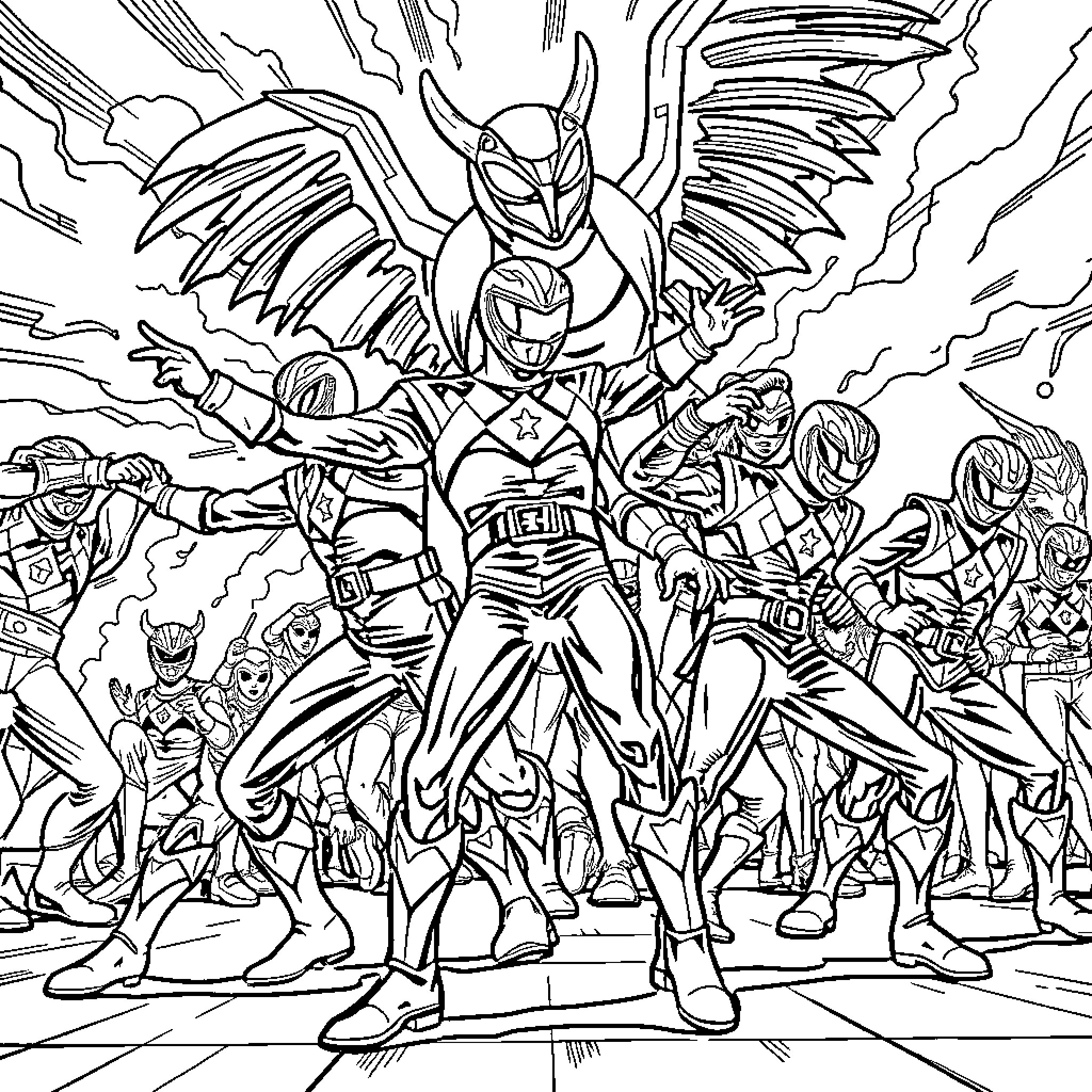 Power Ranger team striking heroic poses in battle Coloring Page (free black-and-white line drawing printable PDF for all, from beginners to advanced learners, including children, teens, adults, and seniors)