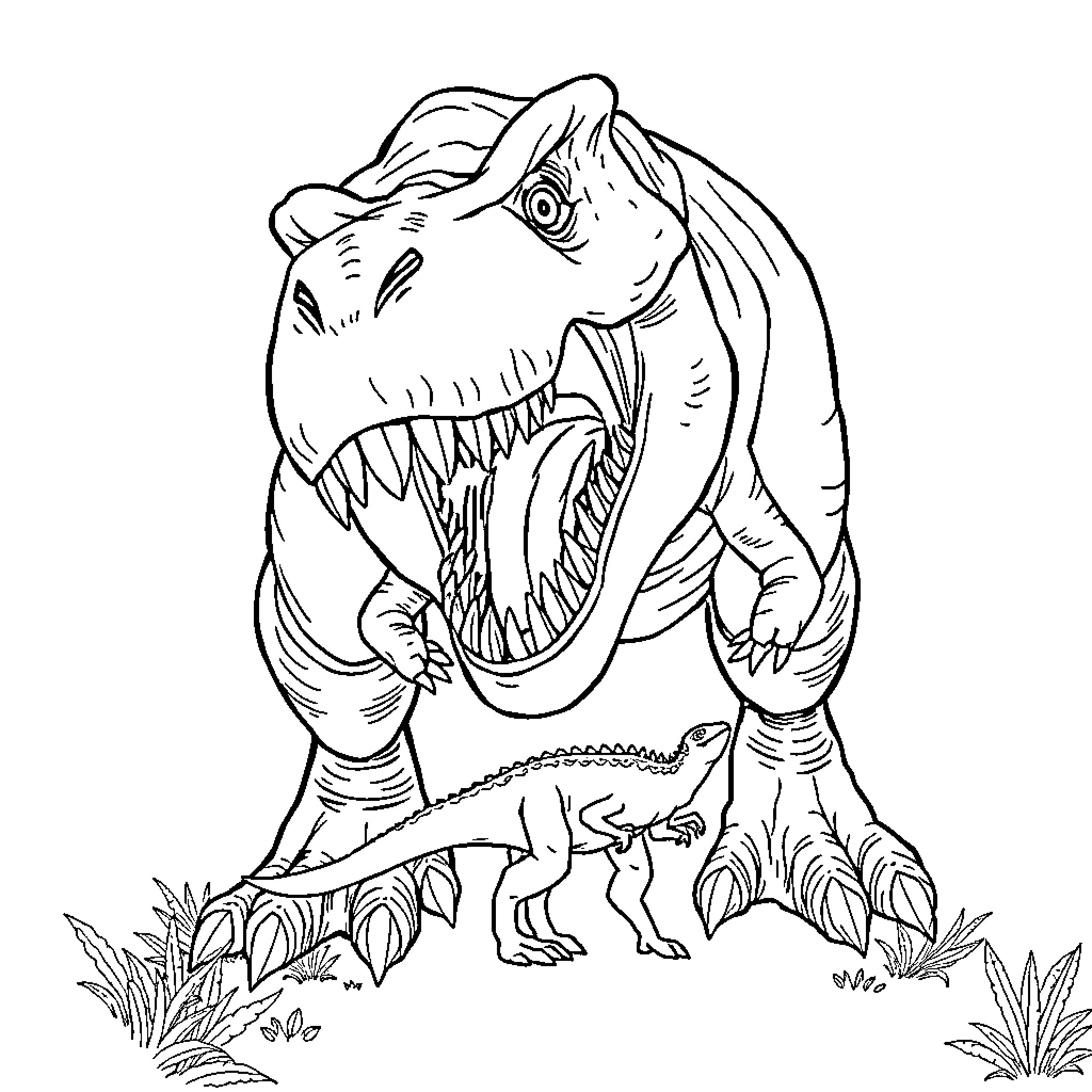 T-Rex Stomping Ferociously Through the Jungle Coloring Page (free black-and-white line drawing printable PDF for all, from beginners to advanced learners, including children, teens, adults, and seniors)