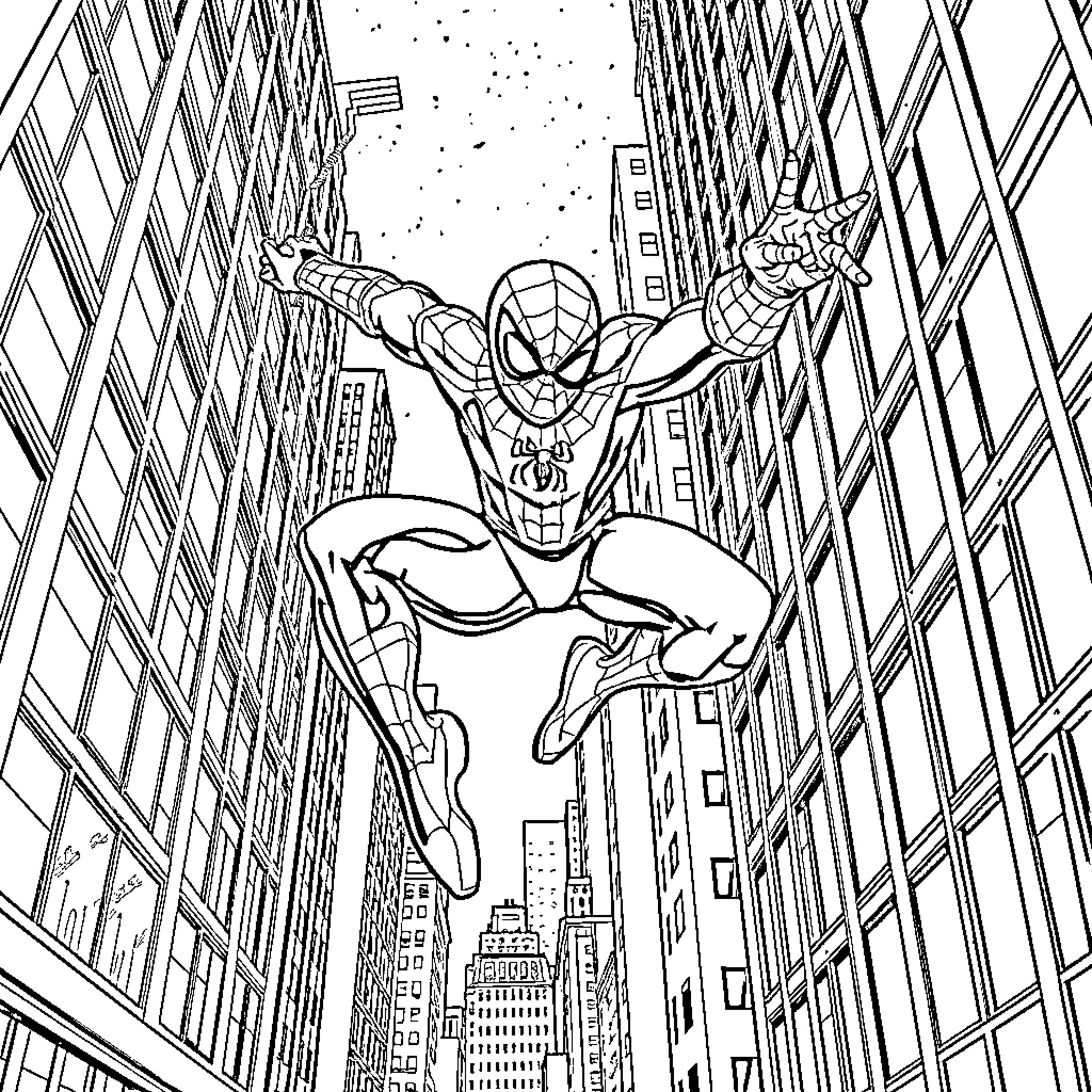 Spider-Man swinging through the city skyline Coloring Page (free black-and-white line drawing printable PDF for all, from beginners to advanced learners, including children, teens, adults, and seniors)