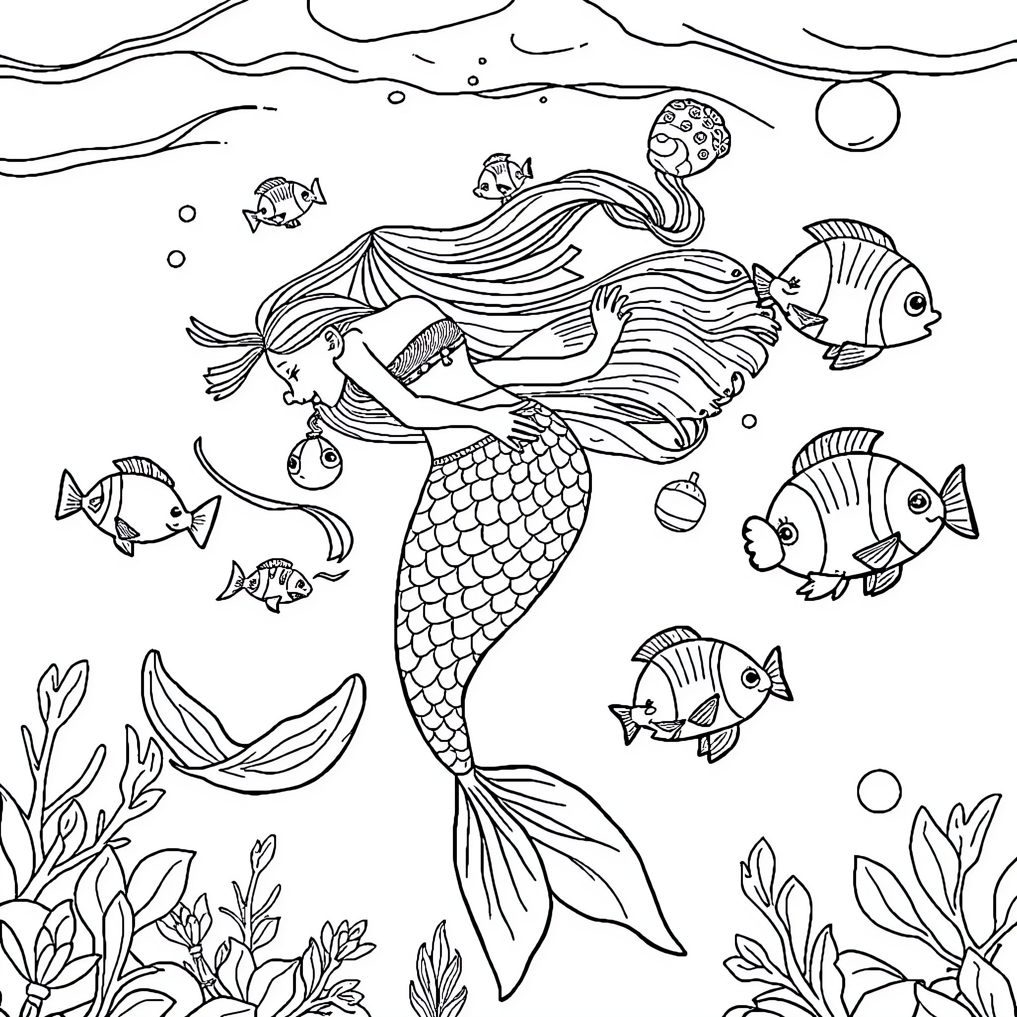 Mermaid swimming gracefully among marine life Coloring Page (free black-and-white line drawing printable PDF for all, from beginners to advanced learners, including children, teens, adults, and seniors)