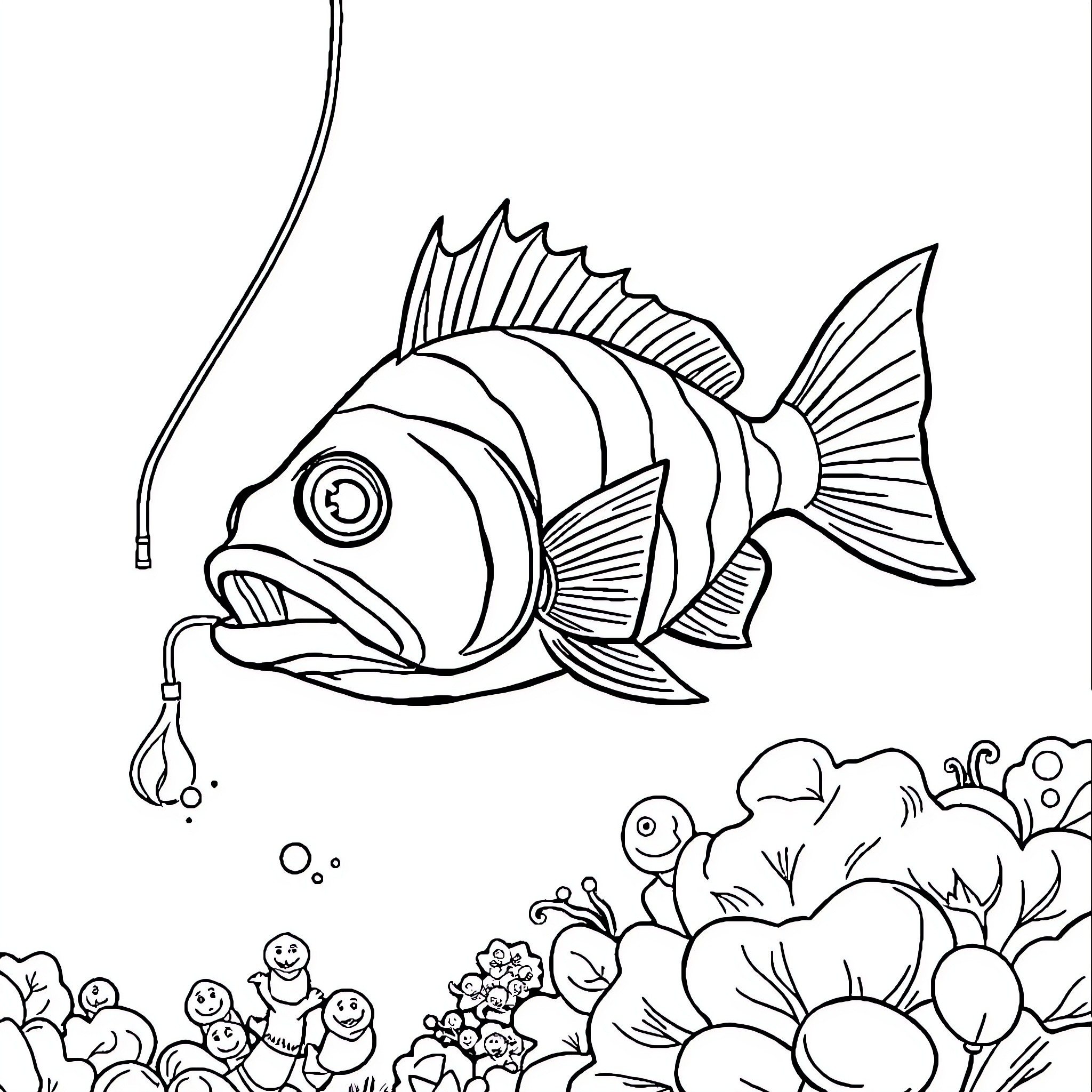 Angler Fish exploring the underwater scene Coloring Page (free black-and-white line drawing printable PDF for all, from beginners to advanced learners, including children, teens, adults, and seniors)