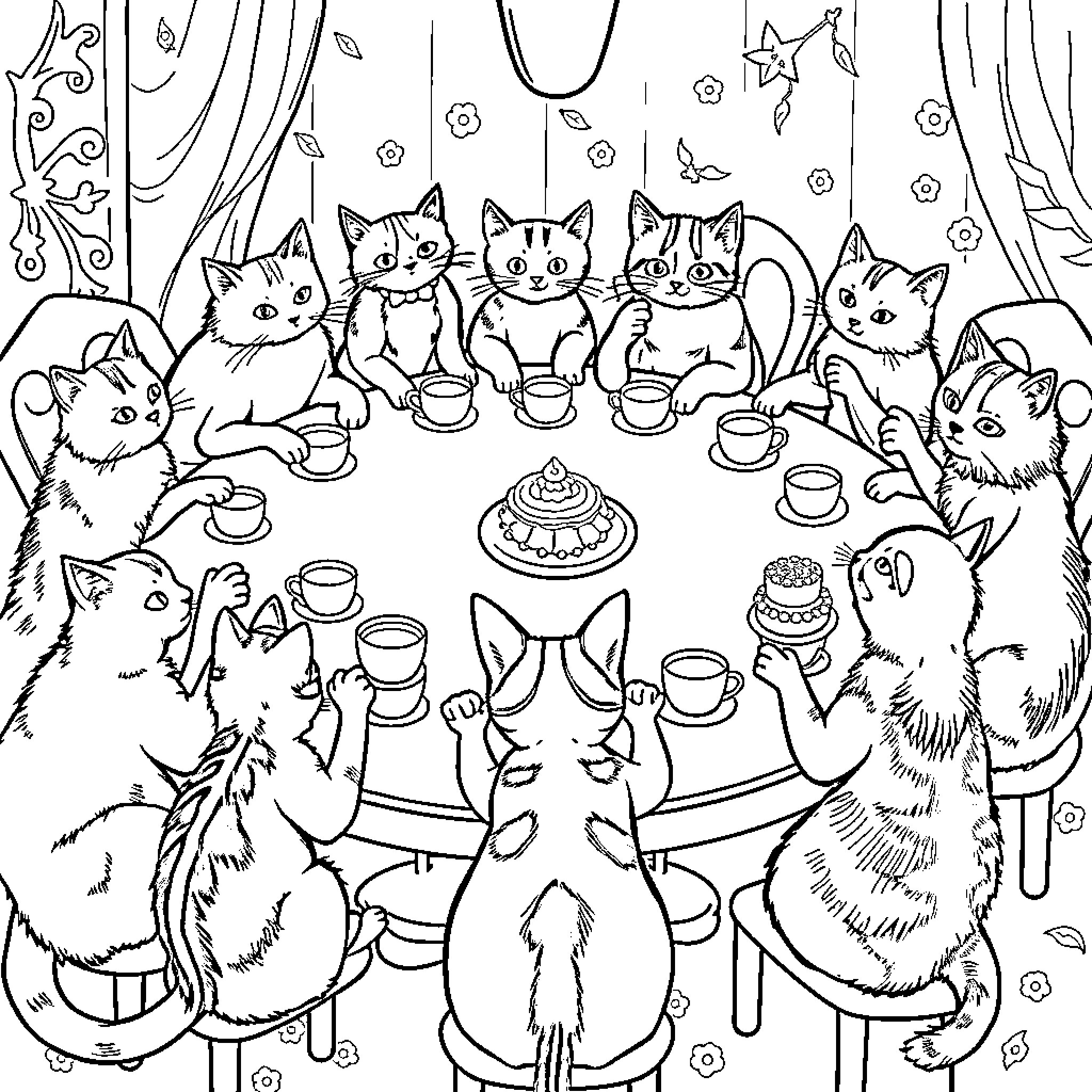 Cats having a tea party together Coloring Page (free black-and-white line drawing printable PDF for all, from beginners to advanced learners, including children, teens, adults, and seniors)