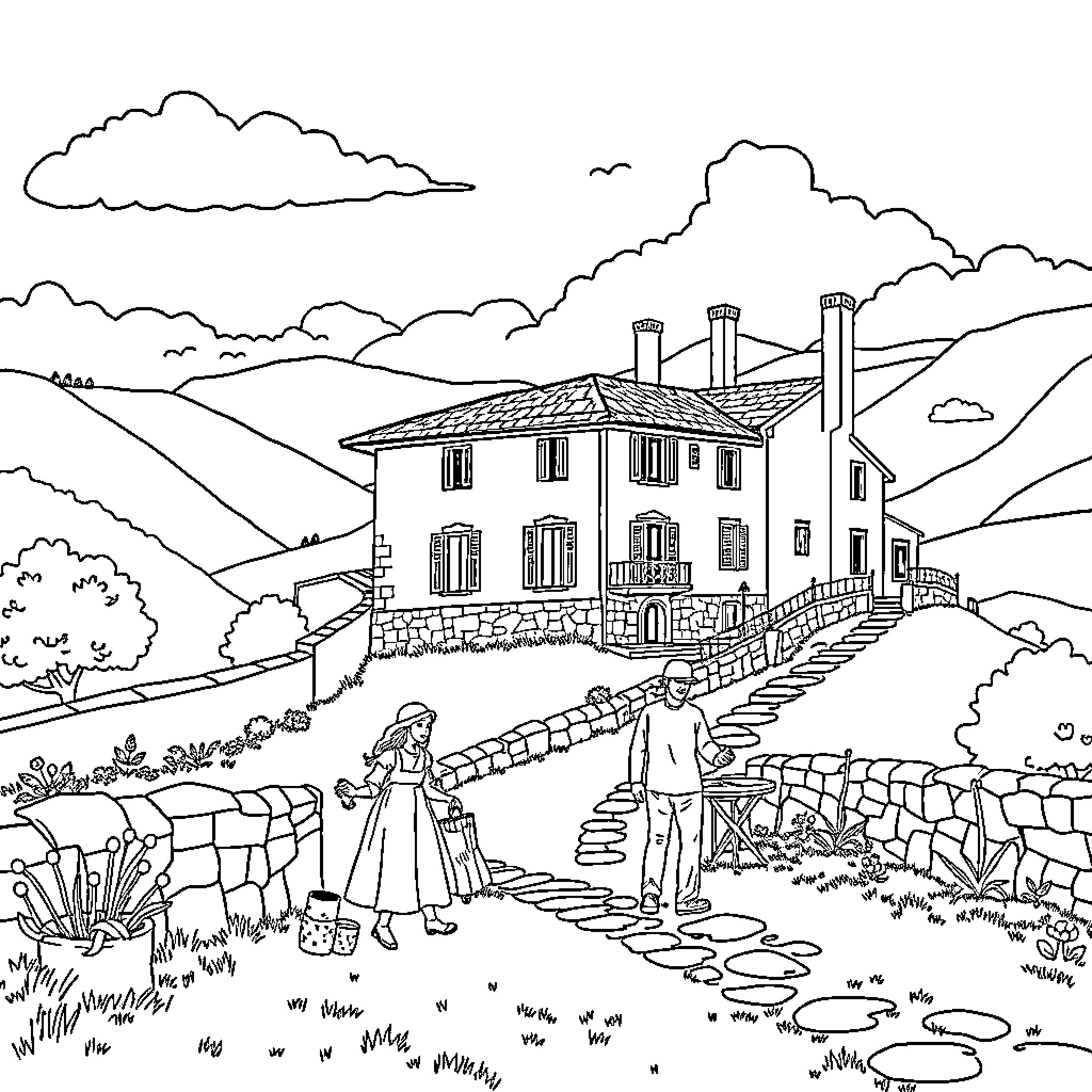 Family enjoying a peaceful country house scene Coloring Page (free black-and-white line drawing printable PDF for all, from beginners to advanced learners, including children, teens, adults, and seniors)