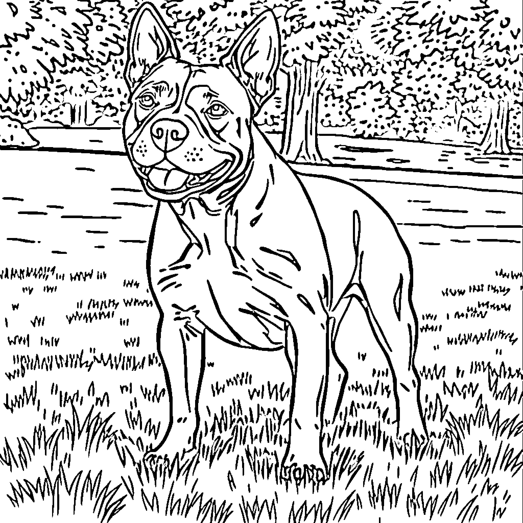 Staffordshire Bull Terrier enjoying the outdoors Coloring Page (free black-and-white line drawing printable PDF for all, from beginners to advanced learners, including children, teens, adults, and seniors)