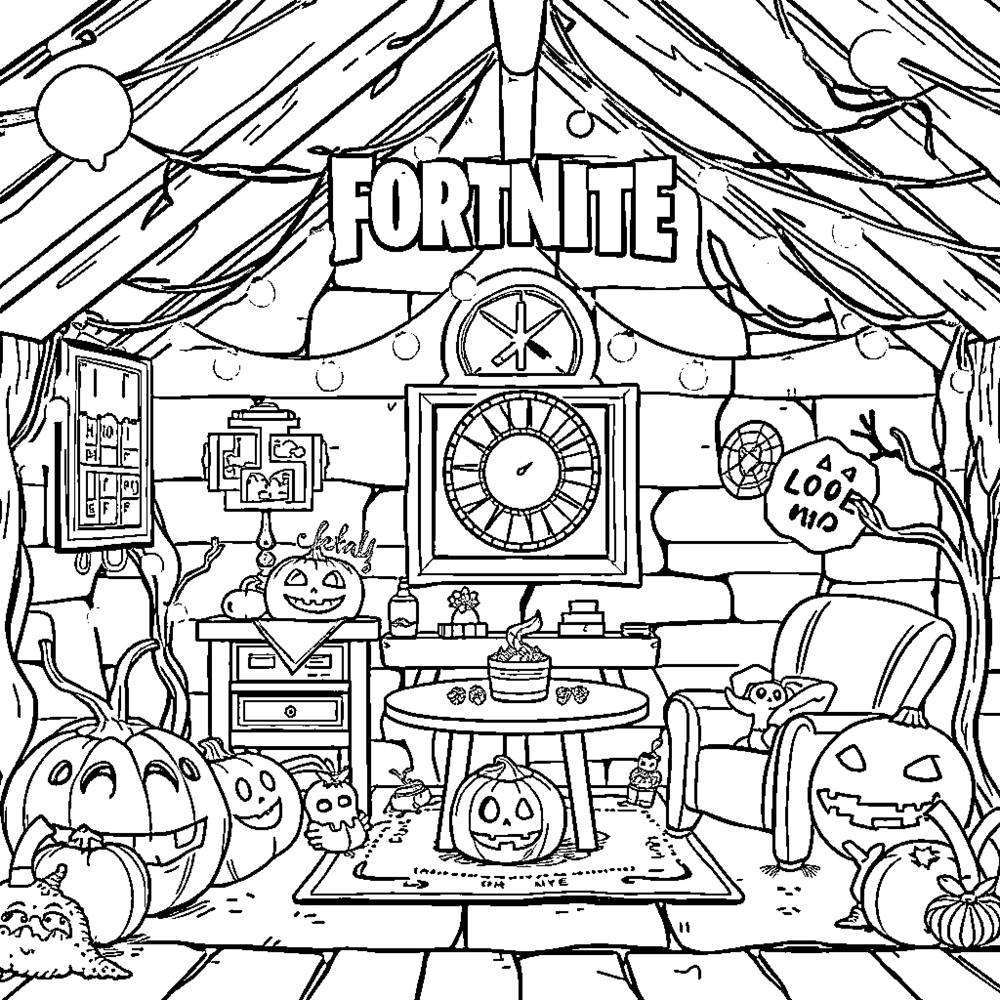 Fortnite Halloween Scene with Spooky Decor and Characters Coloring Page (free black-and-white line drawing printable PDF for all, from beginners to advanced learners, including children, teens, adults, and seniors)