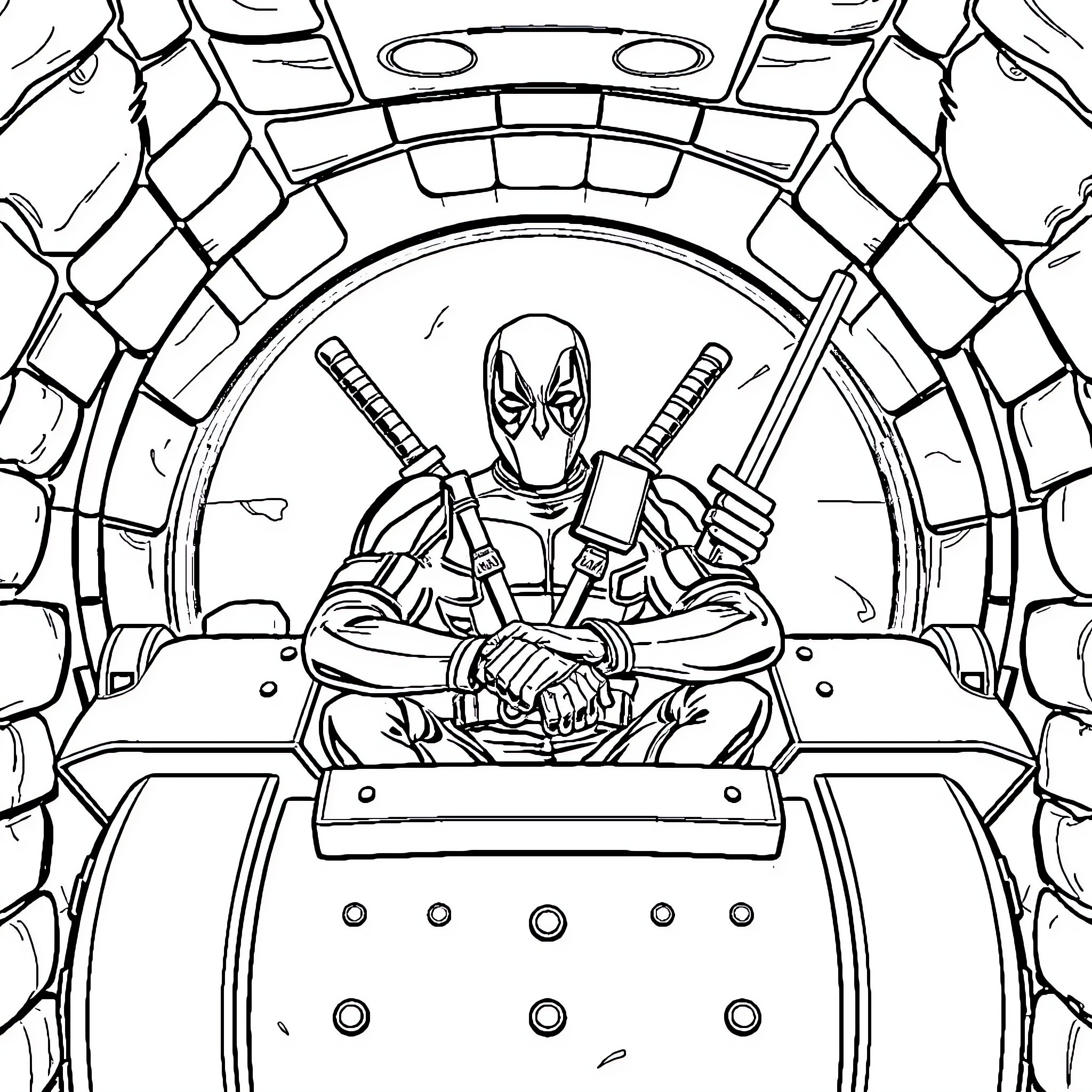 Deadpool's Heroic Stance in the Weaponized Tunnel Coloring Page (free black-and-white line drawing printable PDF for all, from beginners to advanced learners, including children, teens, adults, and seniors)