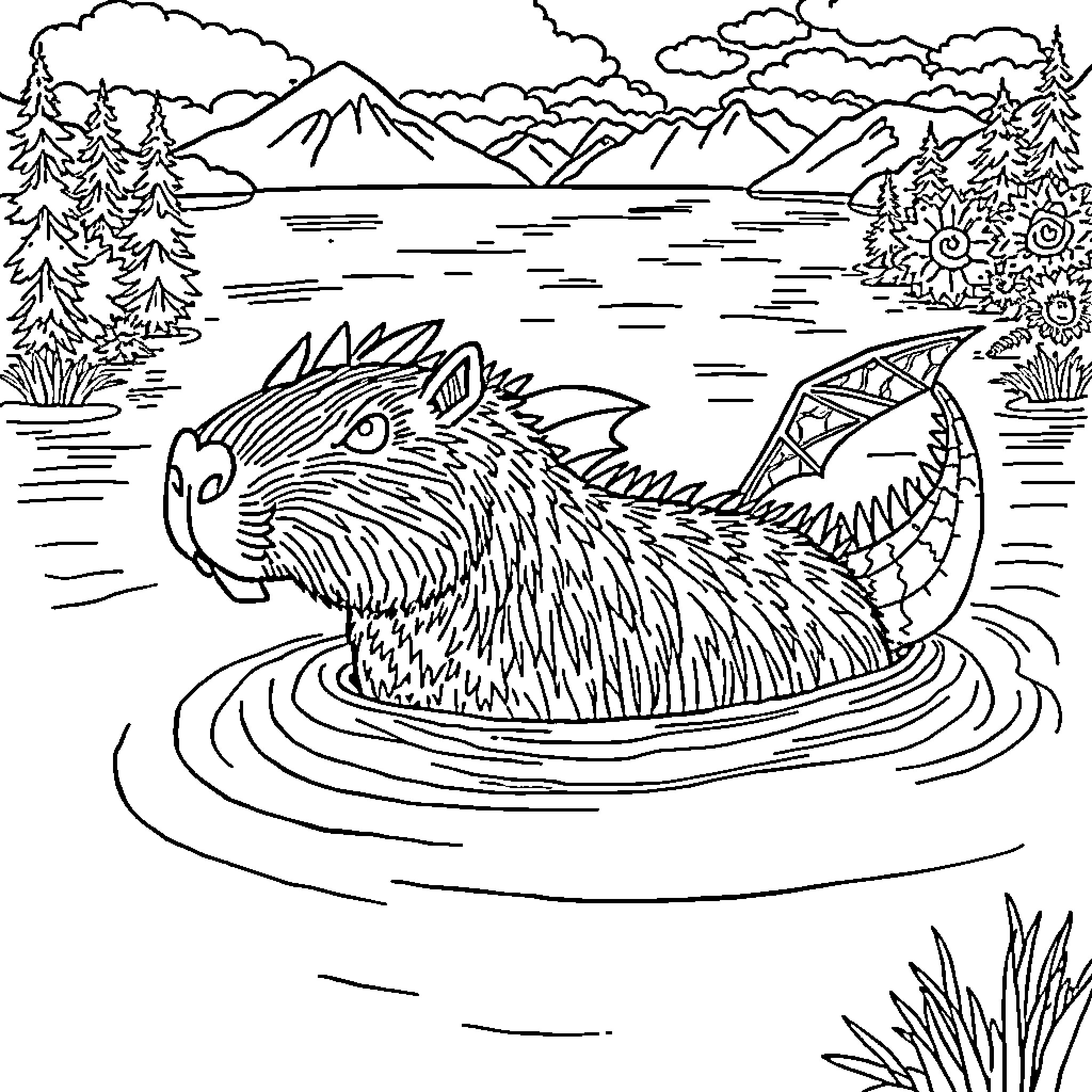Capybara relaxing in a serene lake surrounded by nature Coloring Page (free black-and-white line drawing printable PDF for all, from beginners to advanced learners, including children, teens, adults, and seniors)