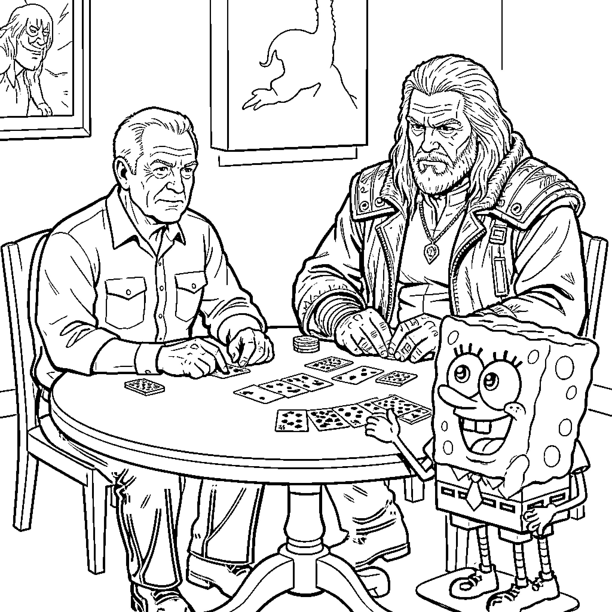 Character playing cards at a round table Coloring Page (free black-and-white line drawing printable PDF for all, from beginners to advanced learners, including children, teens, adults, and seniors)