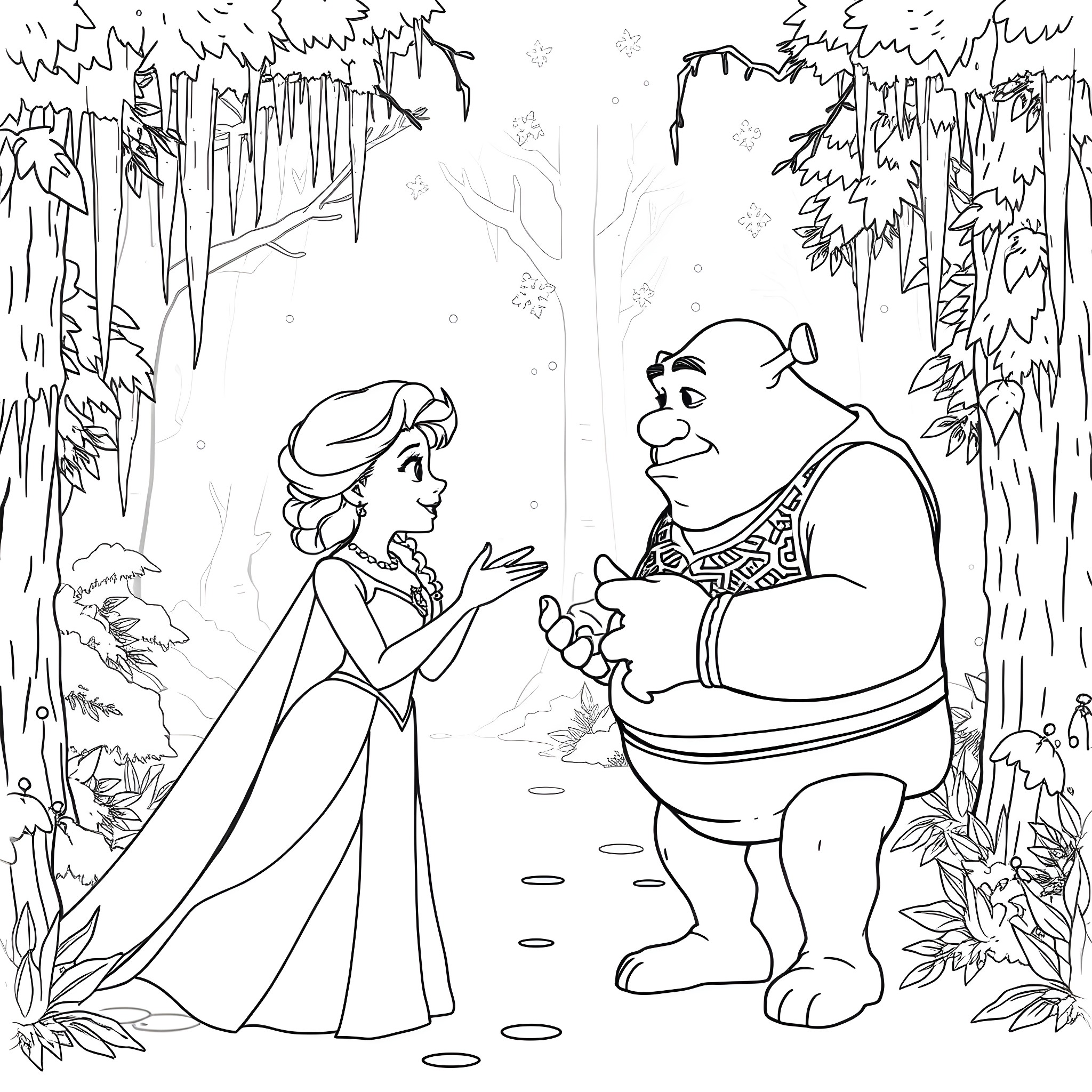 Elsa and Shrek explore the enchanted forest Coloring Page (free black-and-white line drawing printable PDF for all, from beginners to advanced learners, including children, teens, adults, and seniors)