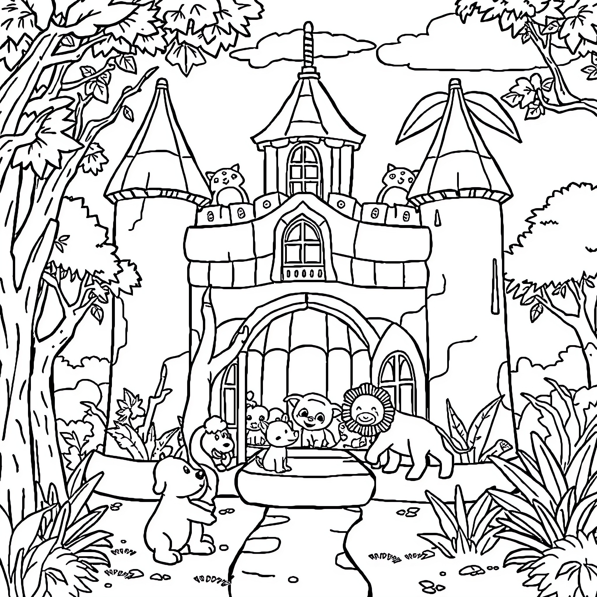 Château of Enchanted Forest Creatures Coloring Page (free black-and-white line drawing printable PDF for all, from beginners to advanced learners, including children, teens, adults, and seniors)