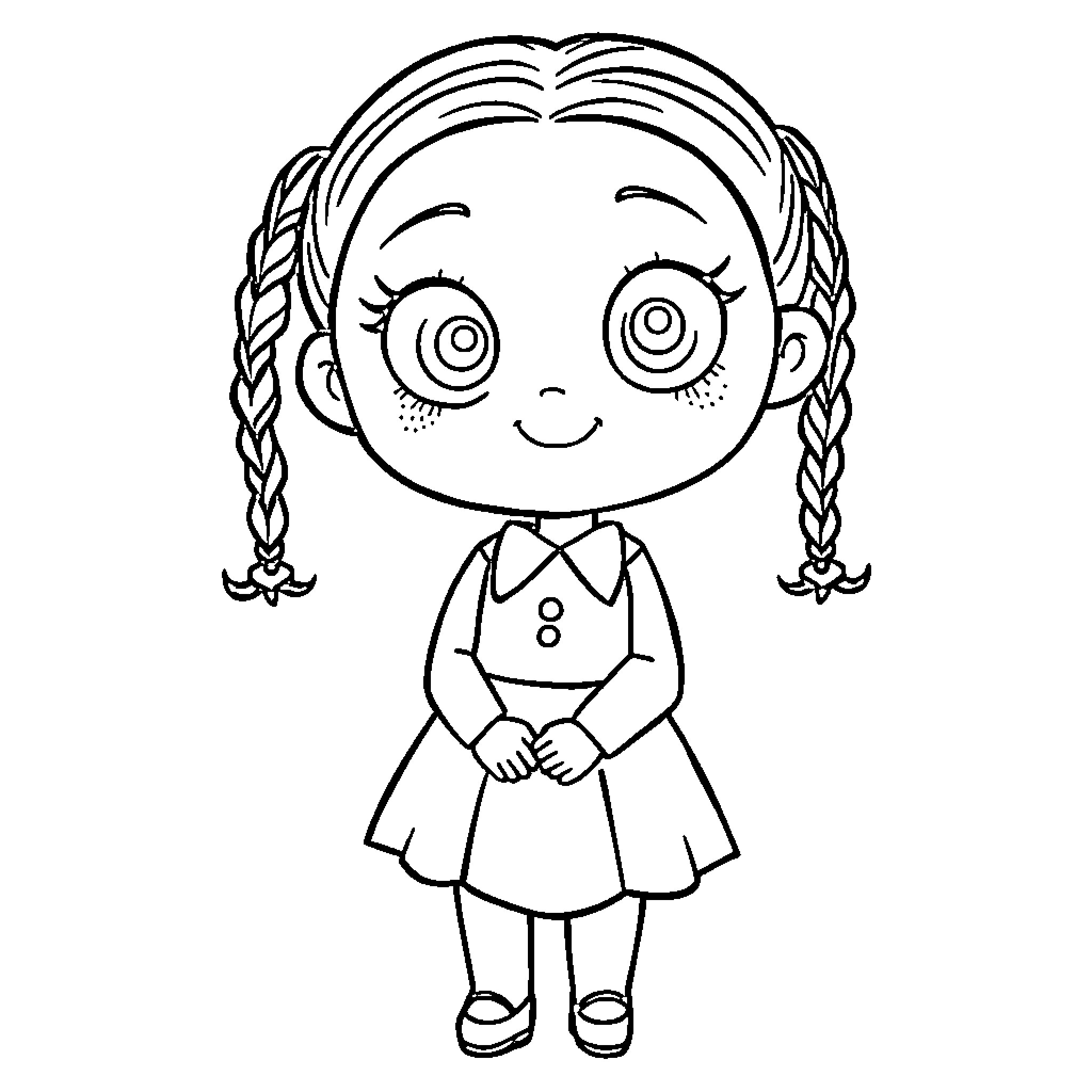 Wednesday's Playful Pigtail Delight Coloring Page (free black-and-white line drawing printable PDF for all, from beginners to advanced learners, including children, teens, adults, and seniors)