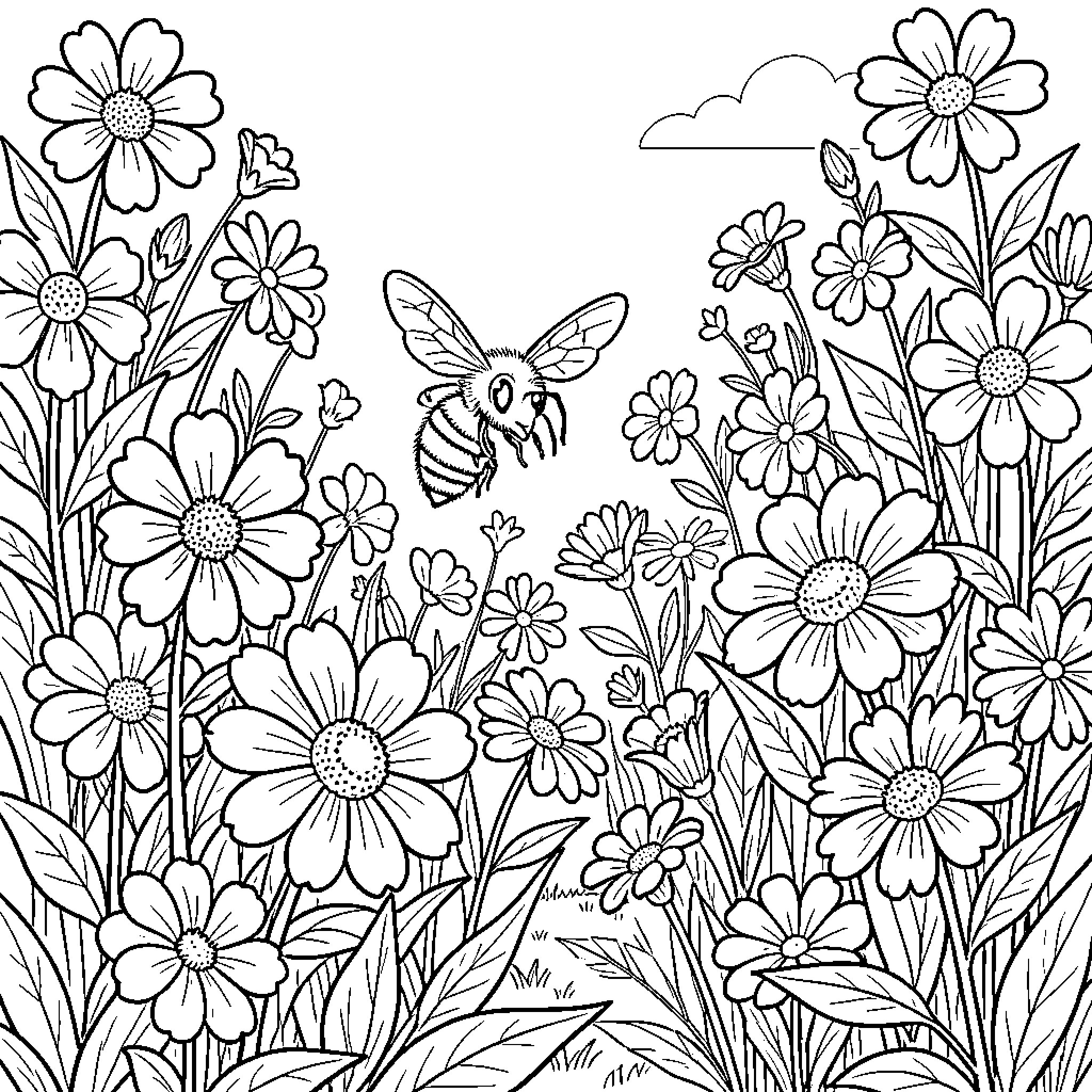 Bee flying joyfully among a field of flowers Coloring Page (free black-and-white line drawing printable PDF for all, from beginners to advanced learners, including children, teens, adults, and seniors)