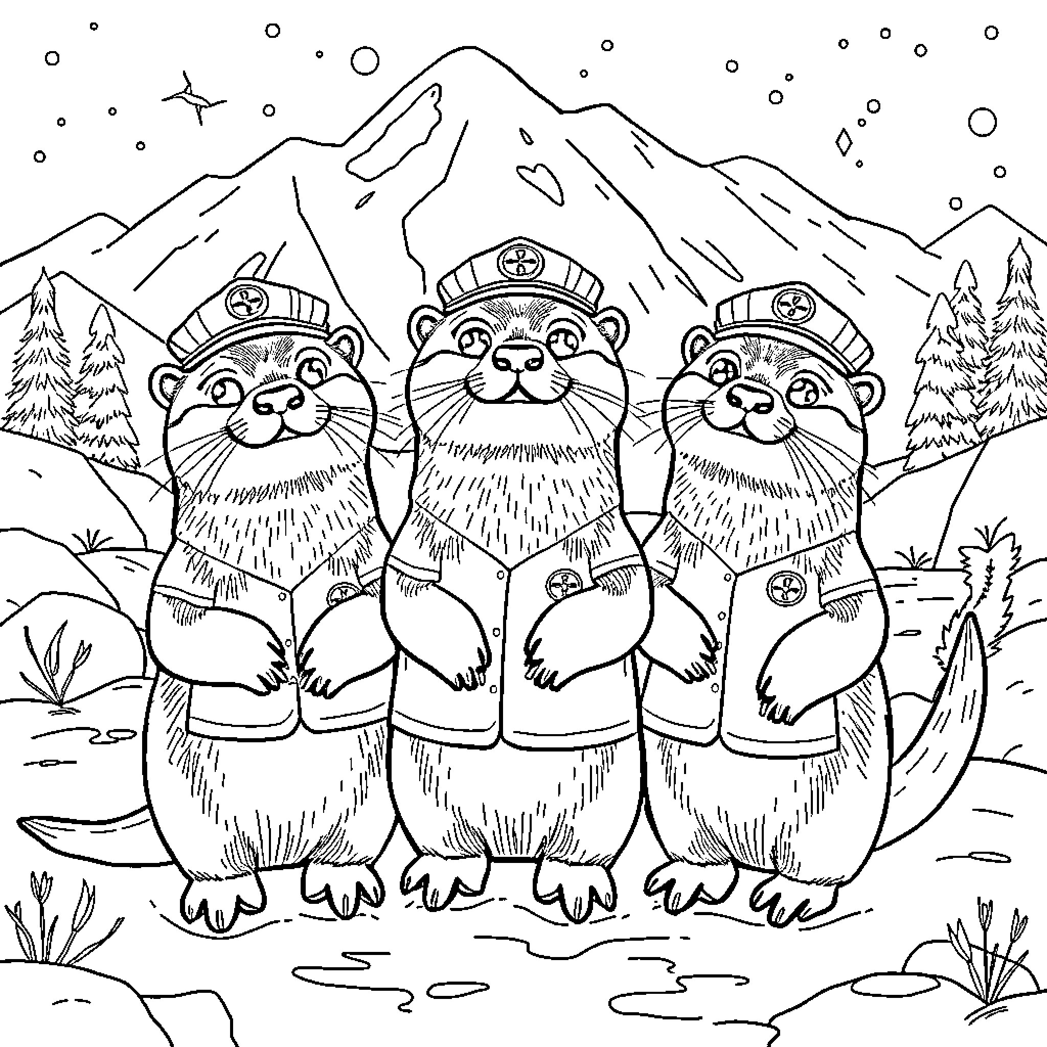 Otter Scouts Exploring the Snowy Mountains Coloring Page (free black-and-white line drawing printable PDF for all, from beginners to advanced learners, including children, teens, adults, and seniors)