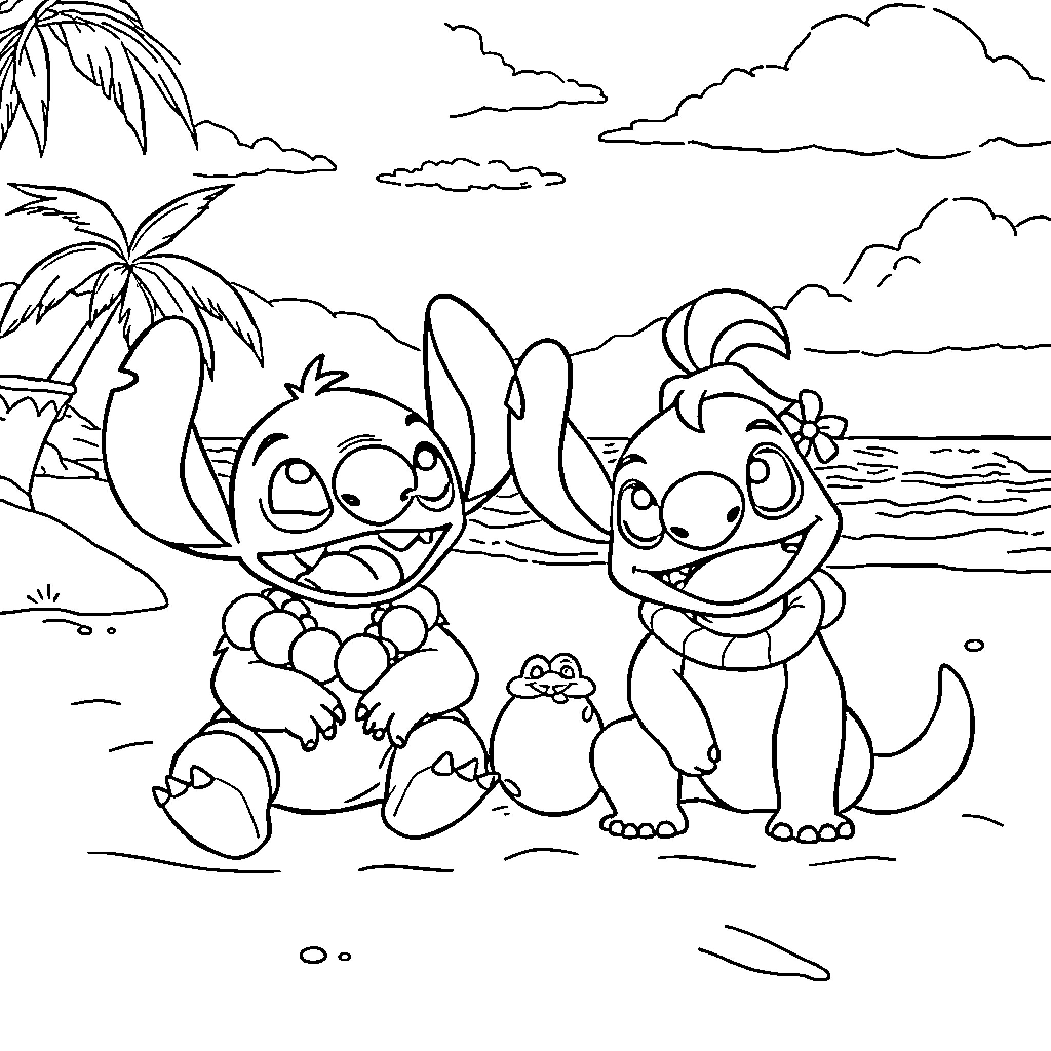 Lilo and friends enjoy tropical beach scene Coloring Page (free black-and-white line drawing printable PDF for all, from beginners to advanced learners, including children, teens, adults, and seniors)