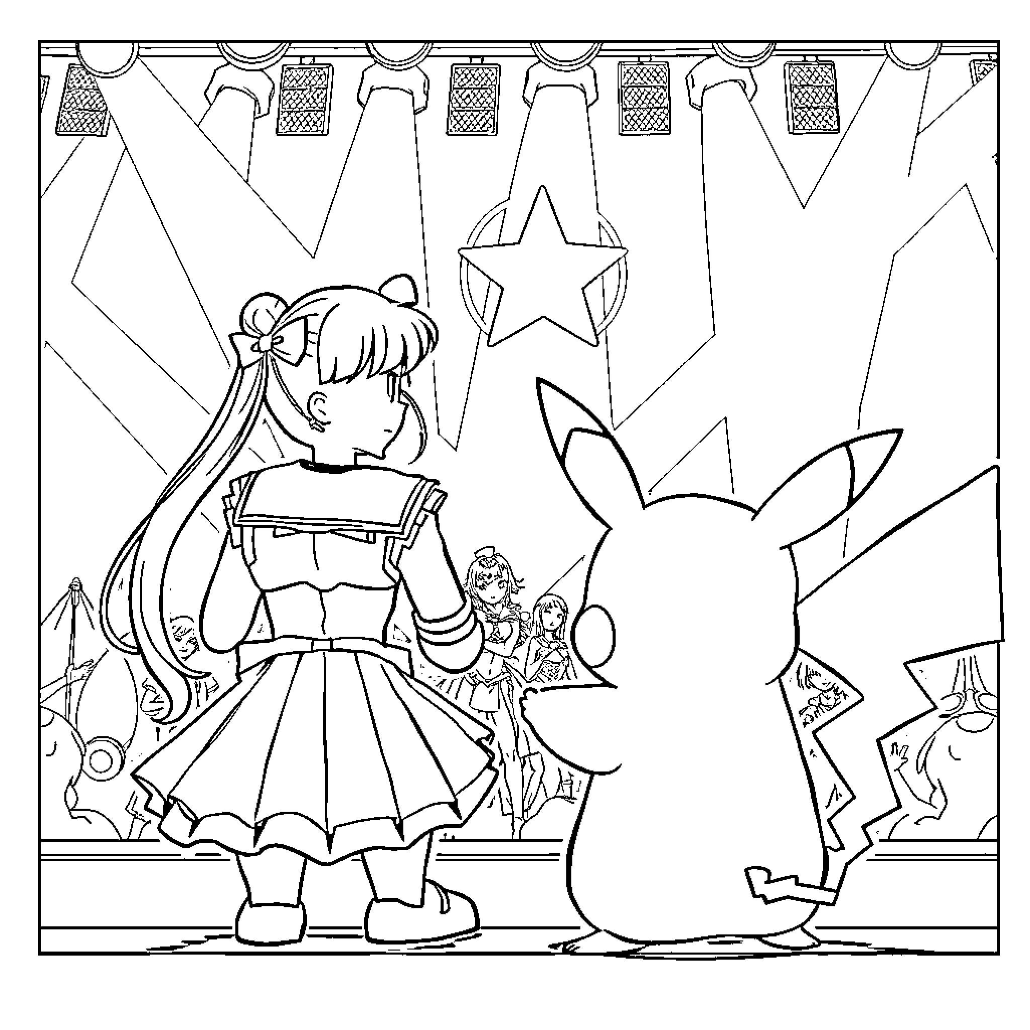 Sailor Moon's Magical Performance with Pikachu Coloring Page (free black-and-white line drawing printable PDF for all, from beginners to advanced learners, including children, teens, adults, and seniors)