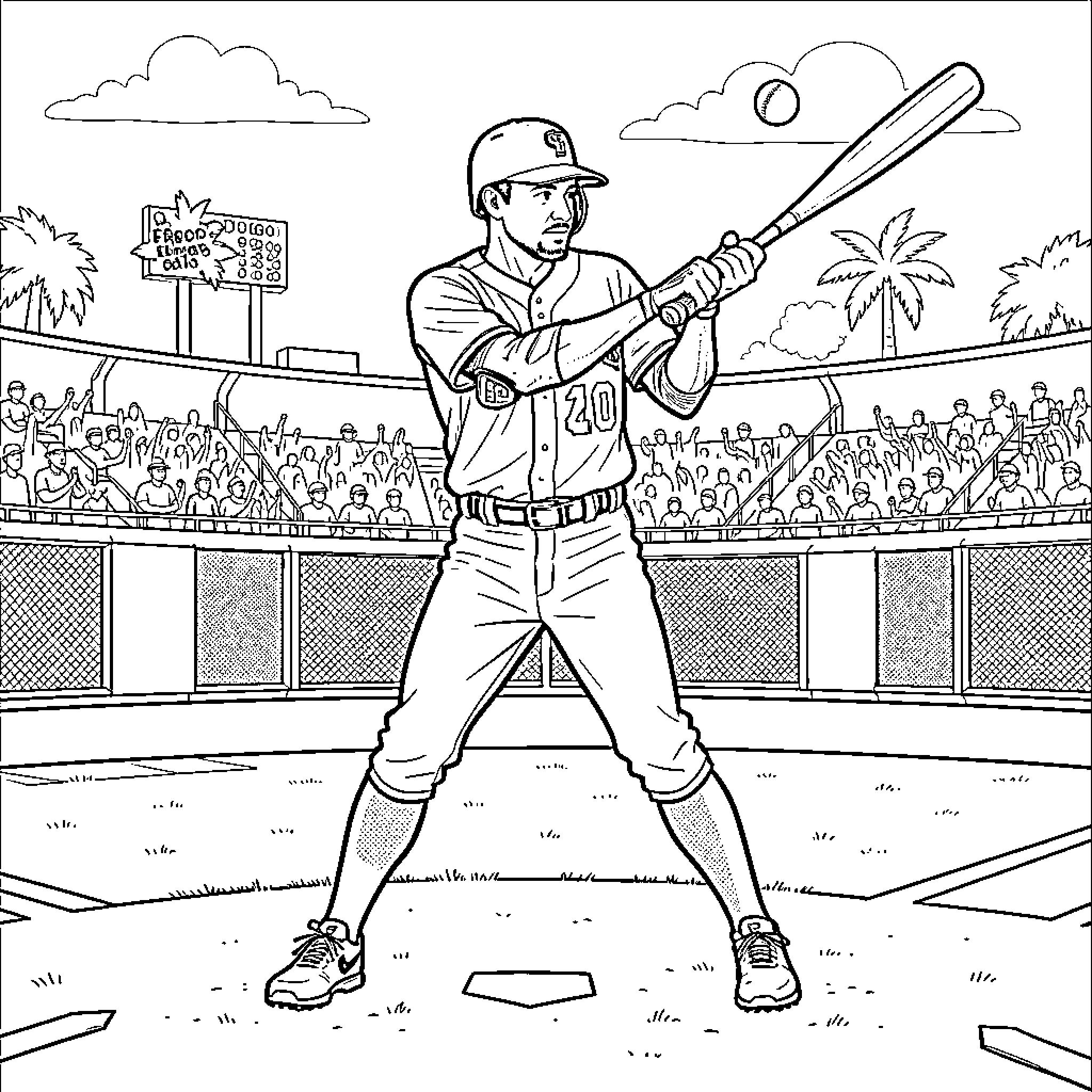 Baseball Player swinging a bat in a crowded stadium Coloring Page (free black-and-white line drawing printable PDF for all, from beginners to advanced learners, including children, teens, adults, and seniors)