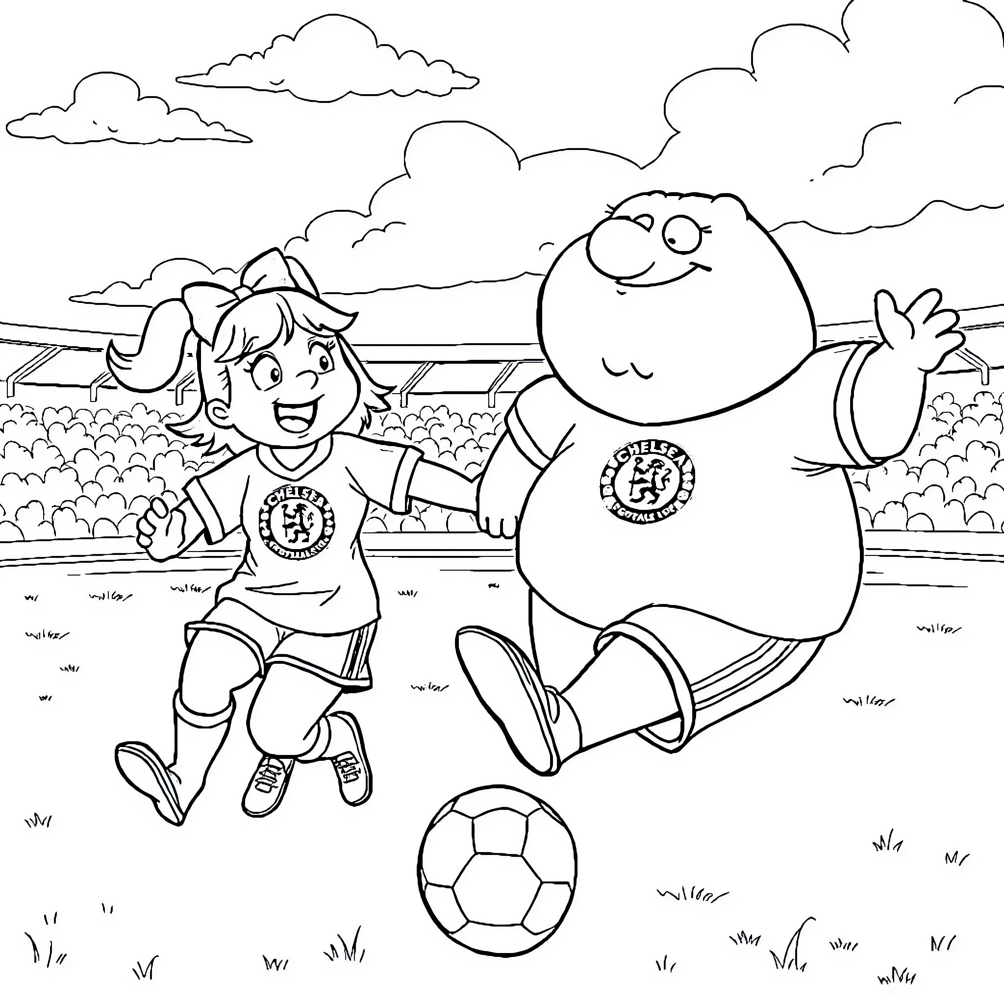 Miki Maus playing soccer with a giant friend Coloring Page (free black-and-white line drawing printable PDF for all, from beginners to advanced learners, including children, teens, adults, and seniors)