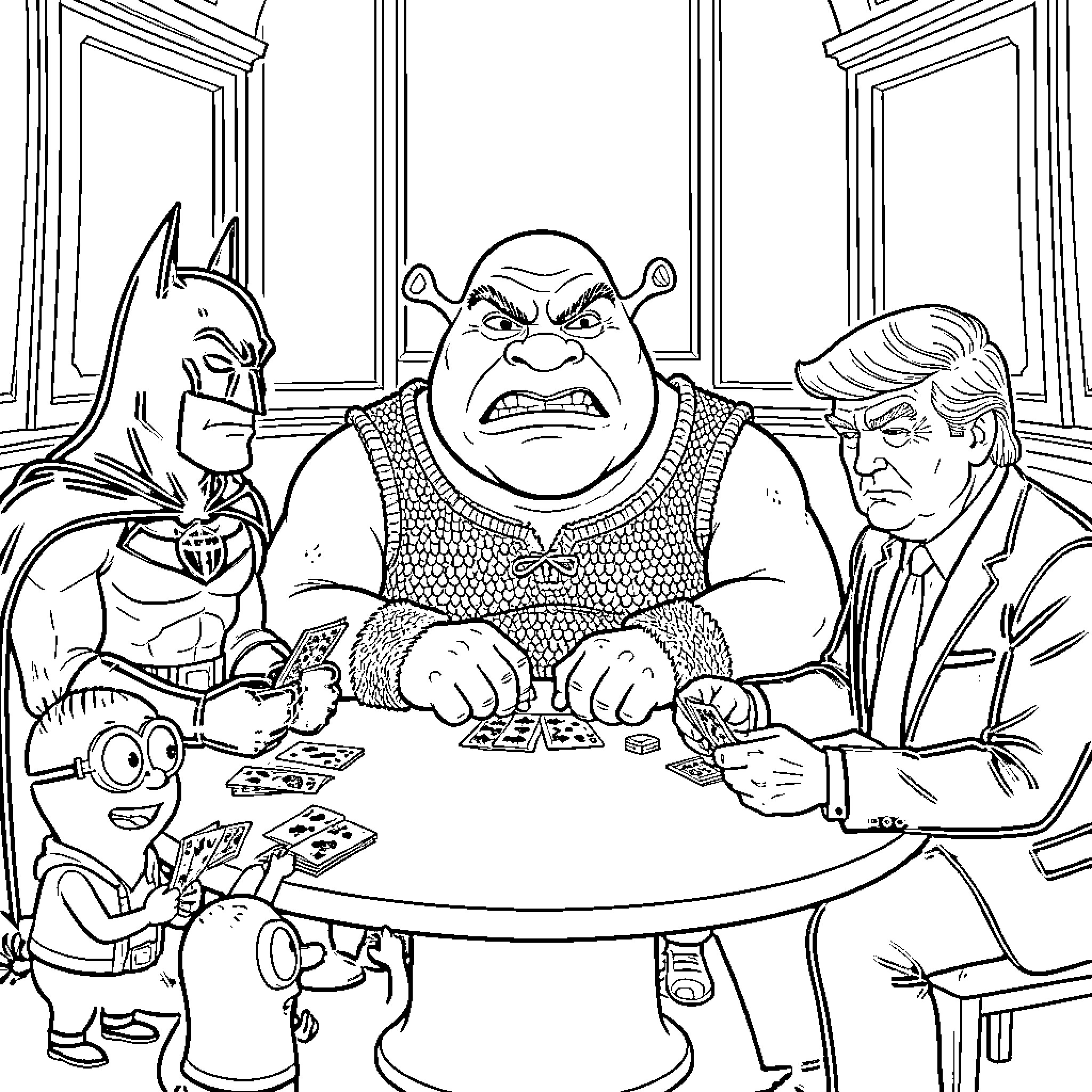 Shrek playing a game of cards with others Coloring Page (free black-and-white line drawing printable PDF for all, from beginners to advanced learners, including children, teens, adults, and seniors)