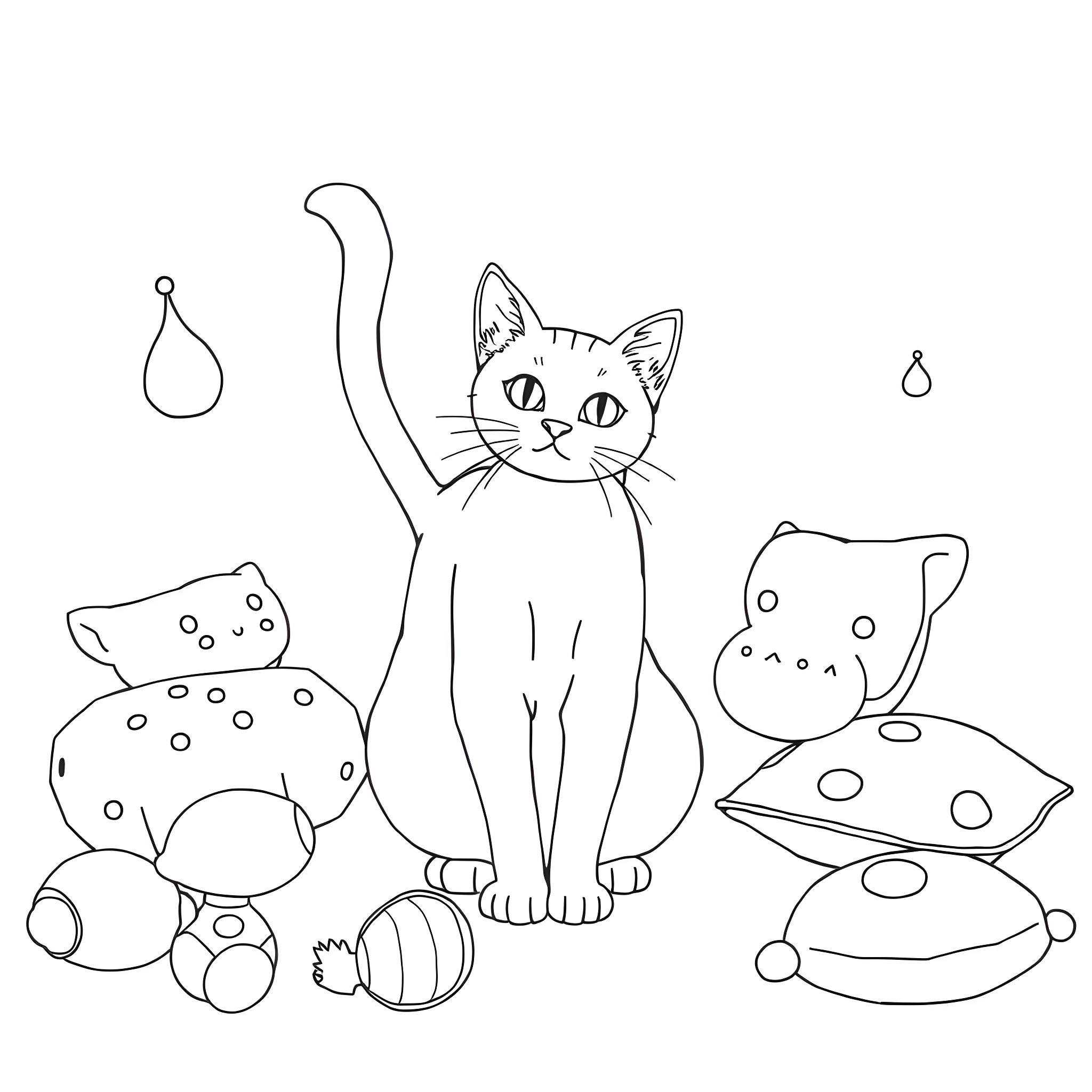 Cat playing with toys in a whimsical scene Coloring Page (free black-and-white line drawing printable PDF for all, from beginners to advanced learners, including children, teens, adults, and seniors)