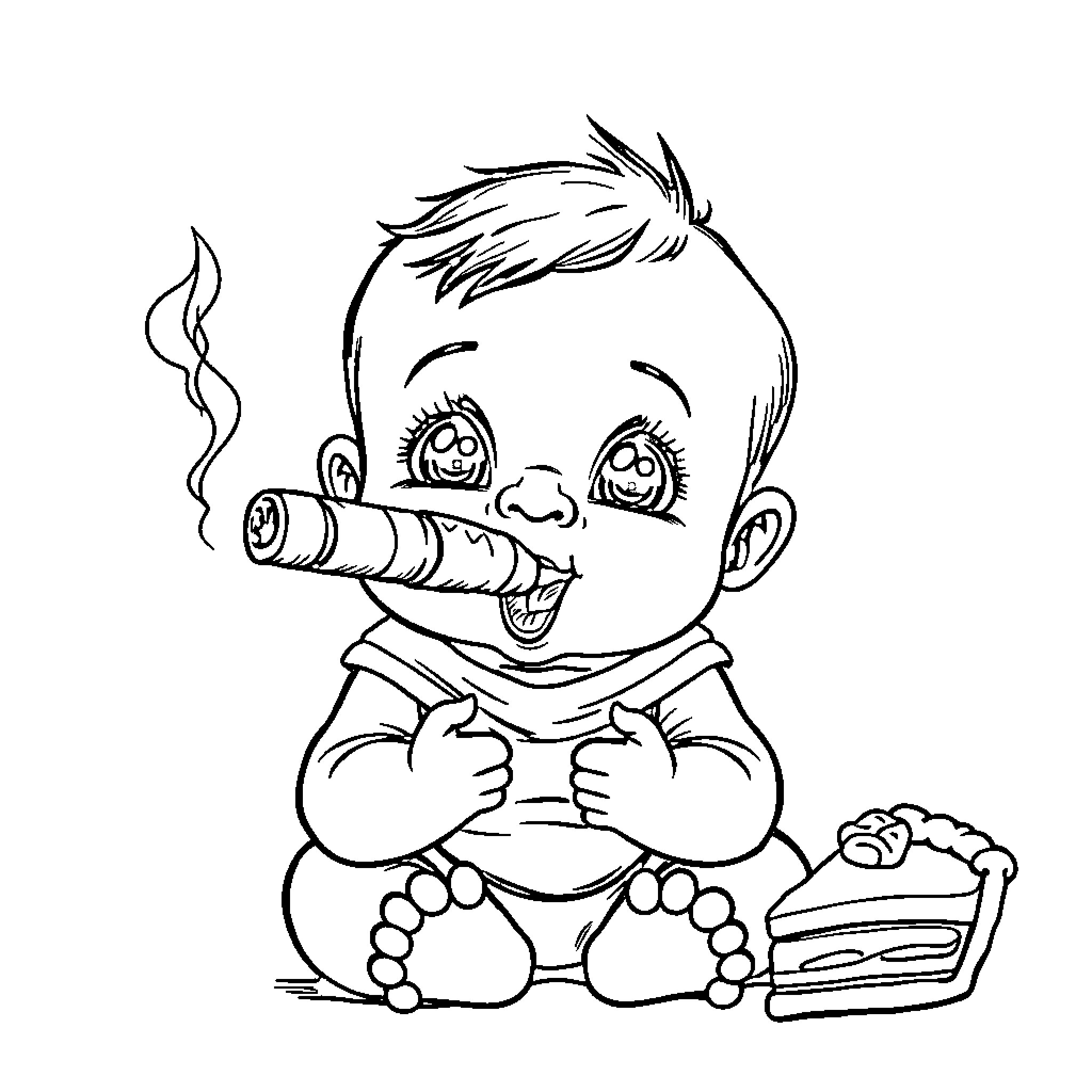 Baby enjoying a tasty snack with a mischievous smile Coloring Page (free black-and-white line drawing printable PDF for all, from beginners to advanced learners, including children, teens, adults, and seniors)