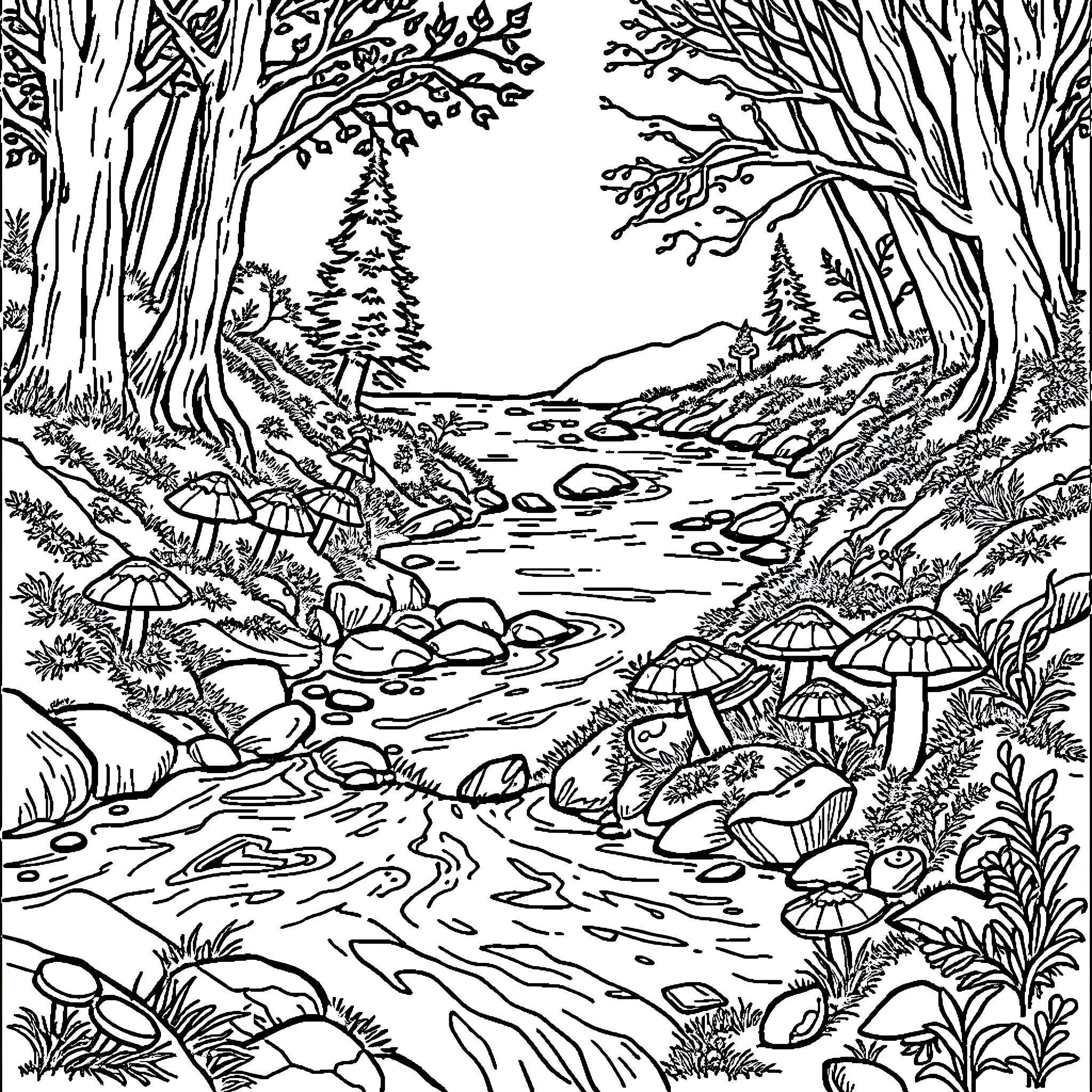 Mushroom Forest Landscape with Stream Coloring Page (free black-and-white line drawing printable PDF for all, from beginners to advanced learners, including children, teens, adults, and seniors)
