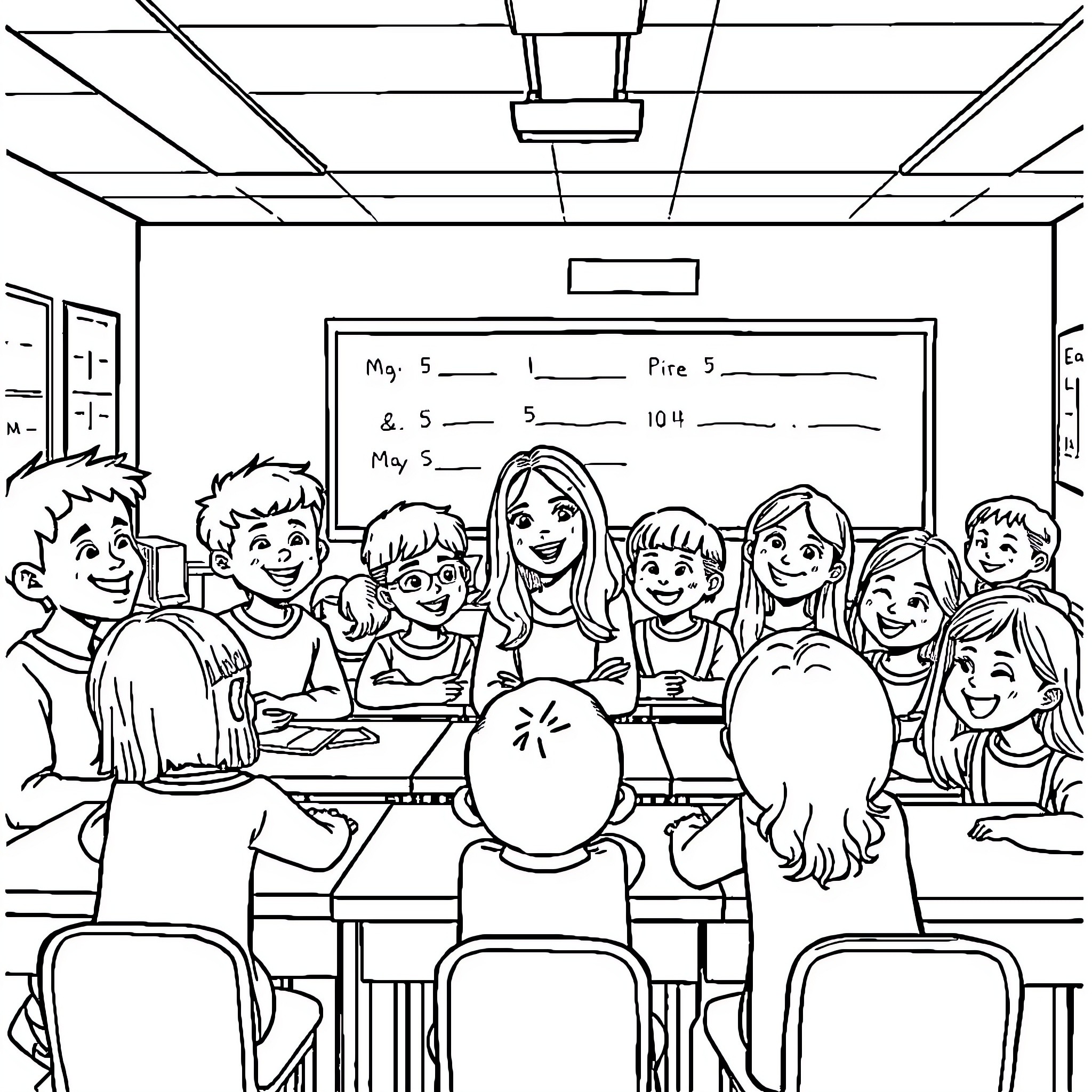 Class of Students Engaged in Learning Coloring Page (free black-and-white line drawing printable PDF for all, from beginners to advanced learners, including children, teens, adults, and seniors)
