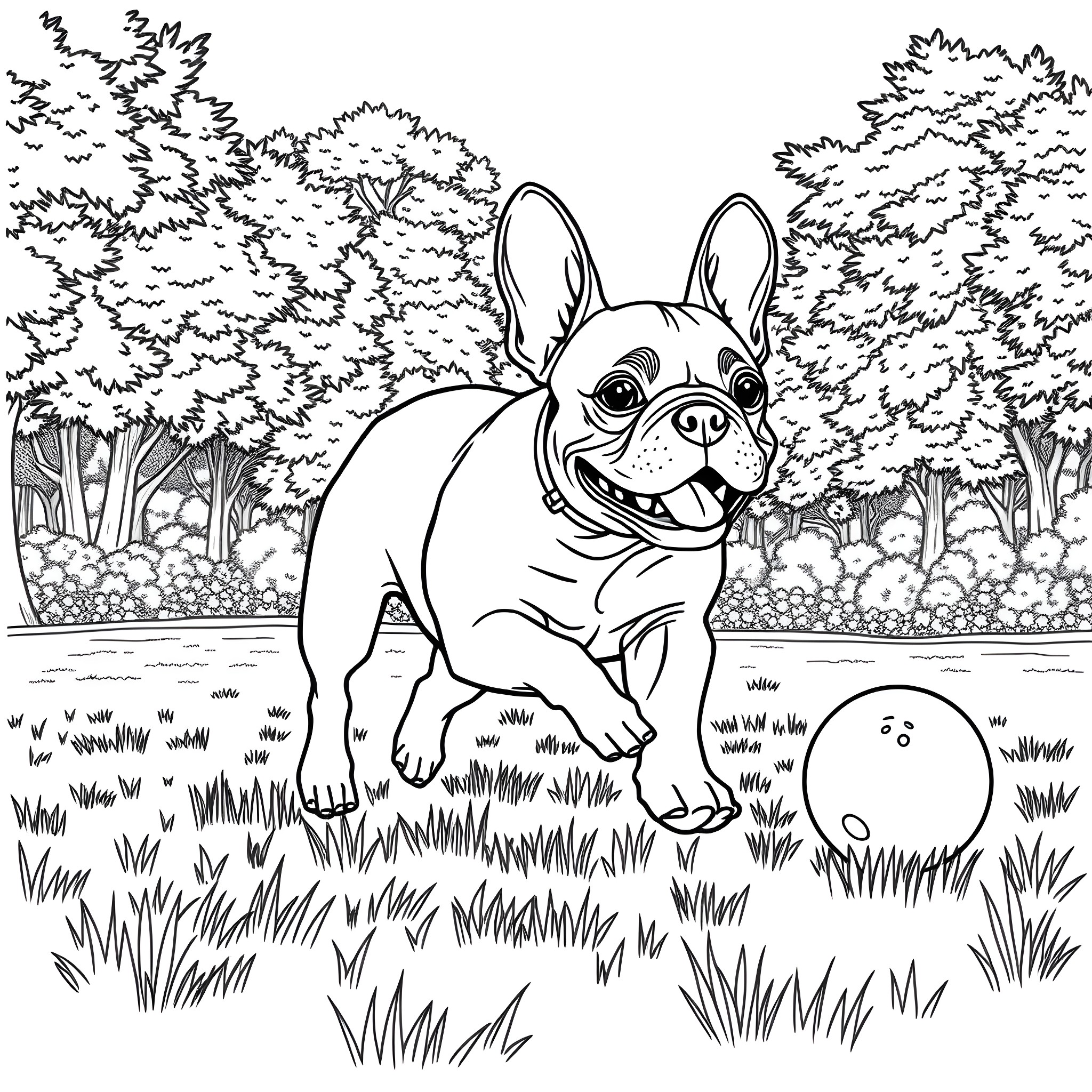 French Bulldog playing joyfully in the park Coloring Page (free black-and-white line drawing printable PDF for all, from beginners to advanced learners, including children, teens, adults, and seniors)