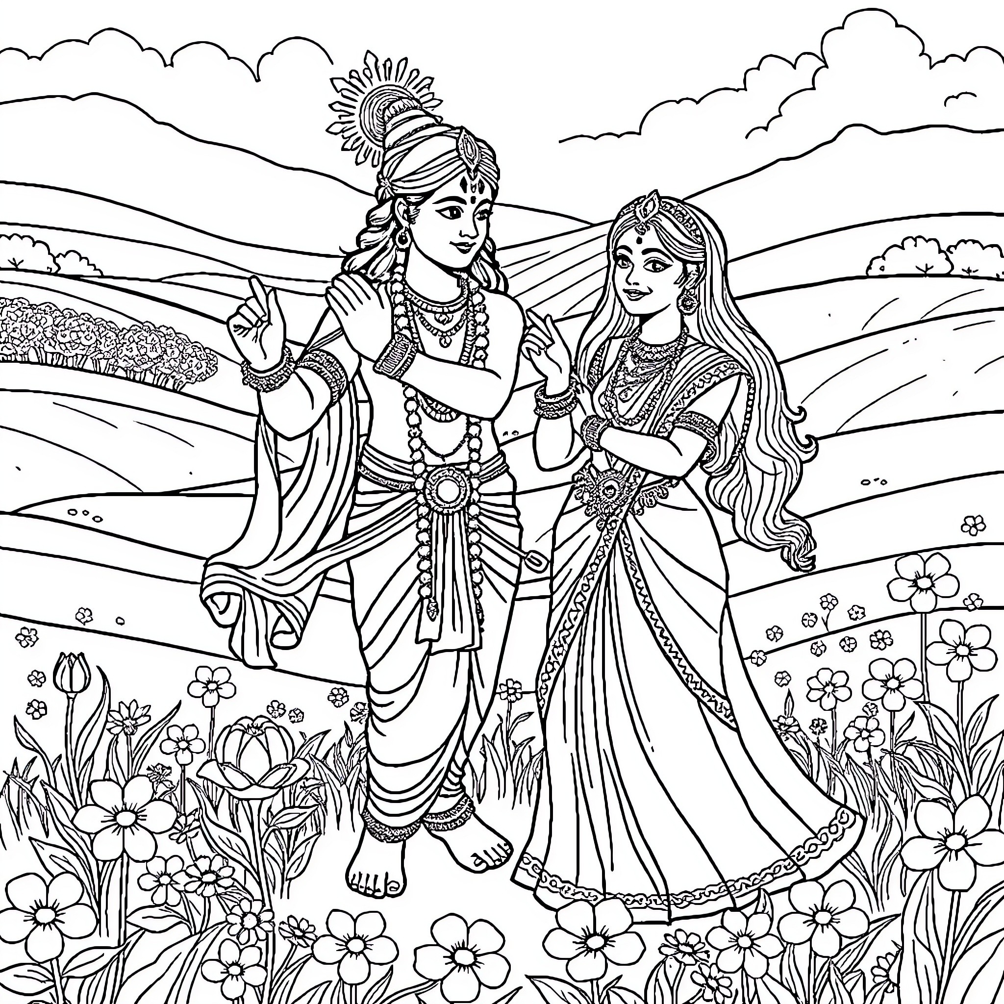 Krishna and Radha in a Serene Landscape Coloring Page (free black-and-white line drawing printable PDF for all, from beginners to advanced learners, including children, teens, adults, and seniors)